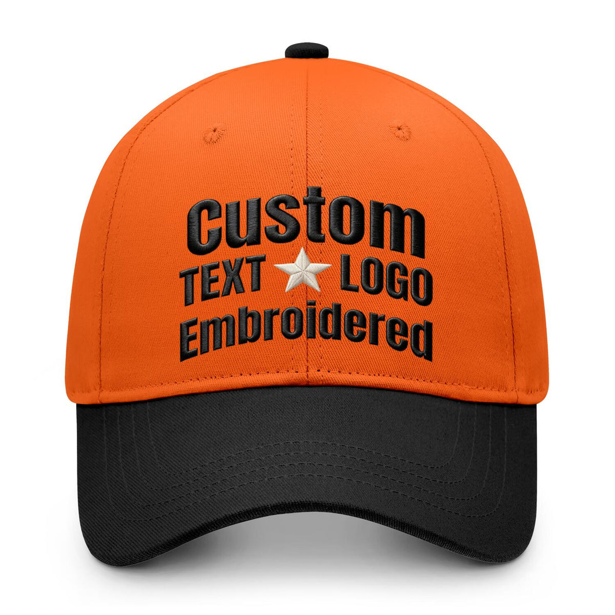 Custom embroidered or printed orange &amp; black color block baseball cap by Vosoli | Personalized text &amp; logo | Structured fit