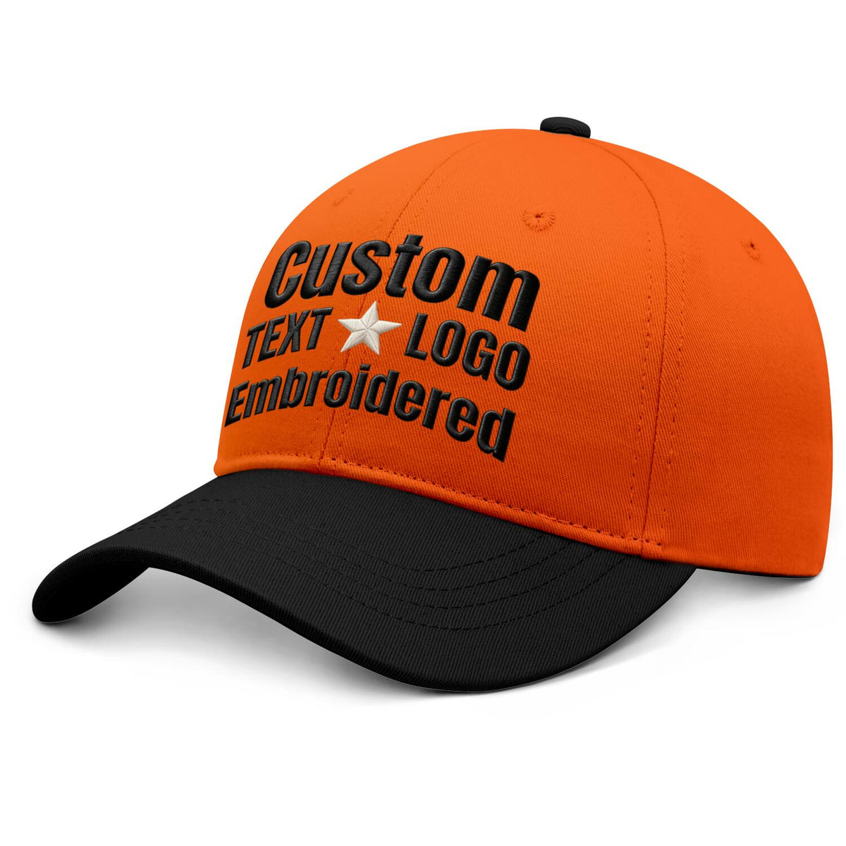 Custom Embroidered or Printed Orange & Black Color Block Baseball Cap | Personalized Sport Hat