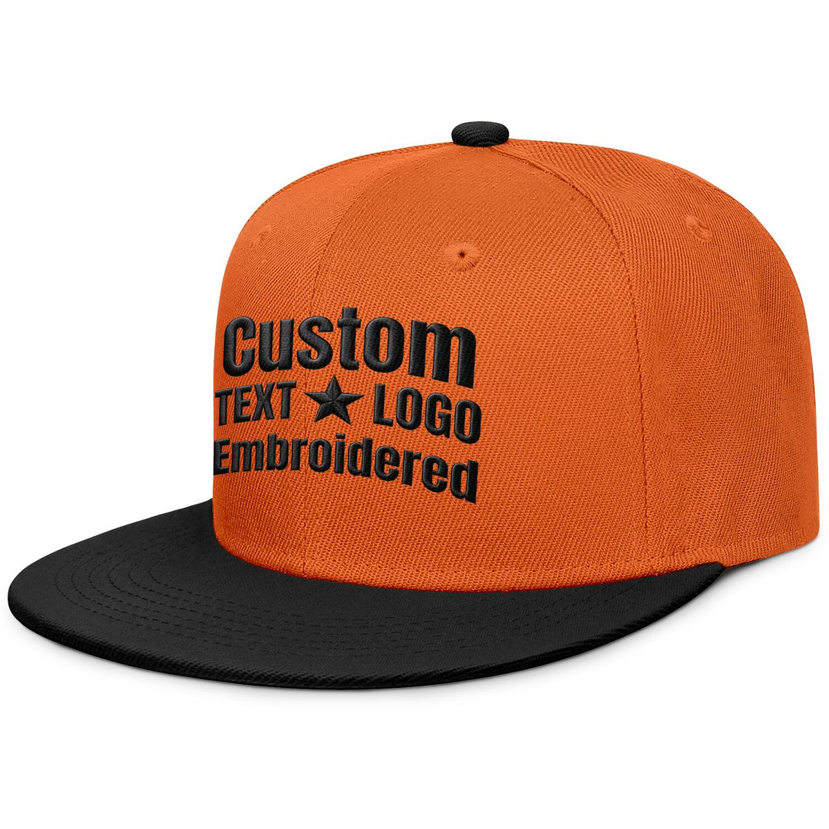 Custom embroidered or printed orange &amp; black color-block flat-brim cap by Vosoli | Personalized text &amp; logo | Structured fit