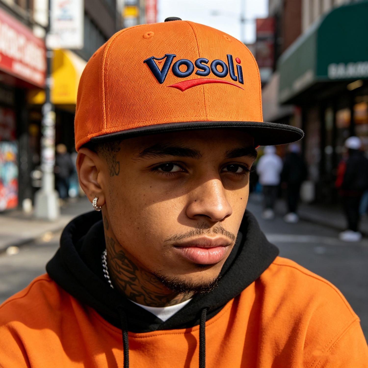 Custom Embroidered or Printed Orange & Black Color-Block Flat-Brim Cap
