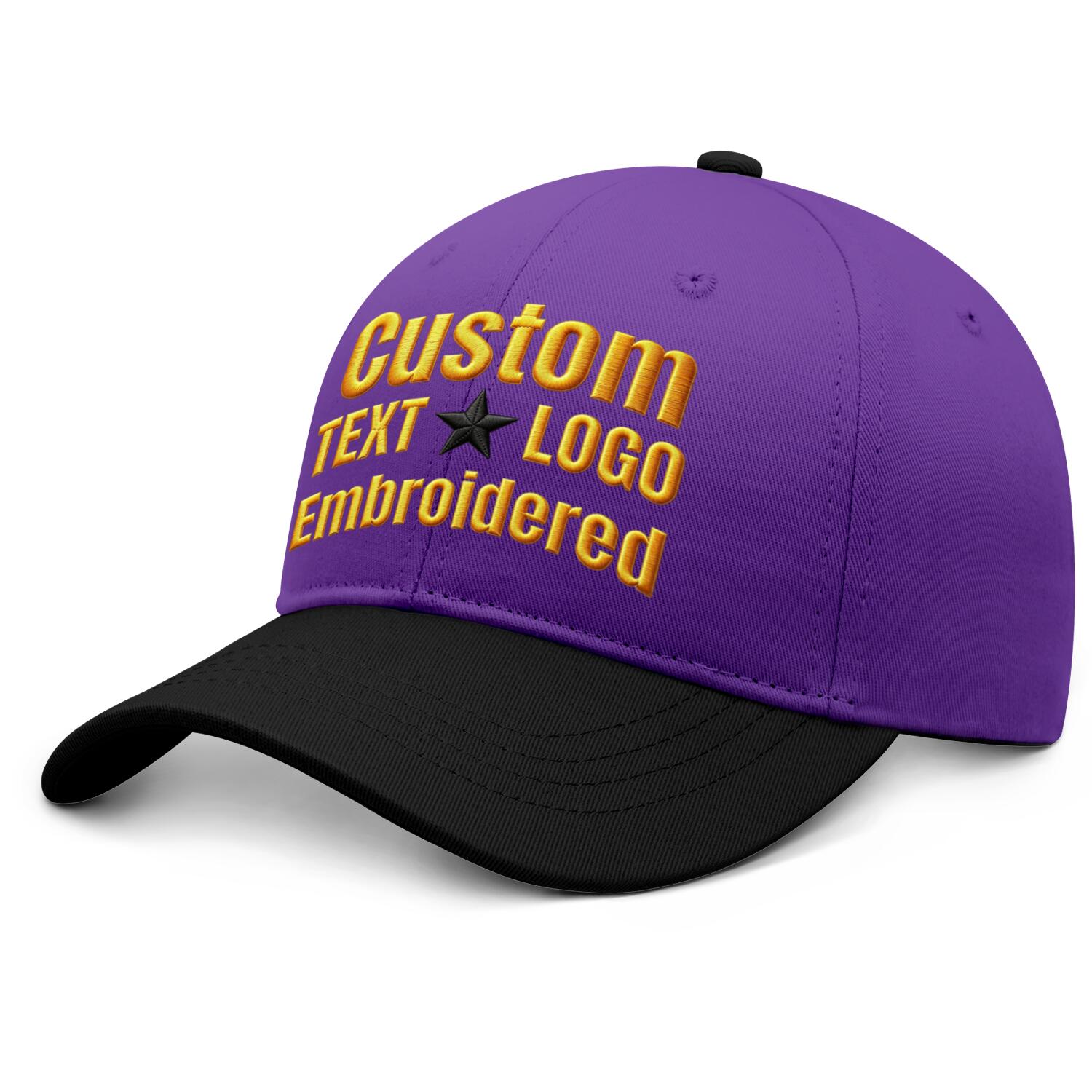 Custom embroidered or printed purple & black color block baseball cap by Vosoli | Personalized text & logo | Structured fit