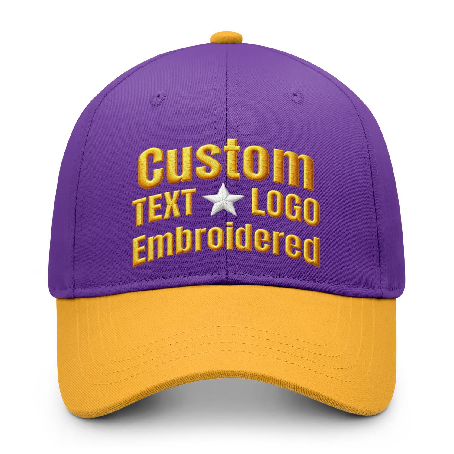 Custom embroidered or printed purple & gold color block baseball cap by Vosoli | Personalized text & logo | Structured fit