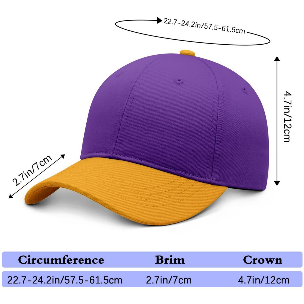 Custom Embroidered or Printed Purple & Gold Color Block Baseball Cap | Personalized Sport Hat