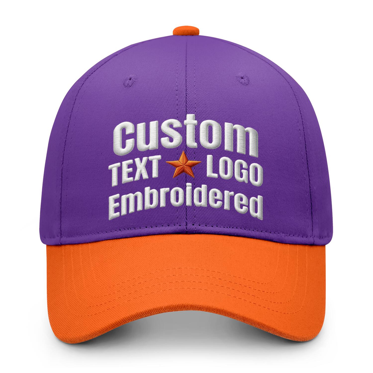 Shop the custom purple & orange color block baseball cap by Vosoli — choose embroidery or printing for your text/logo. Structured fit, durable fabric, fast shipping.