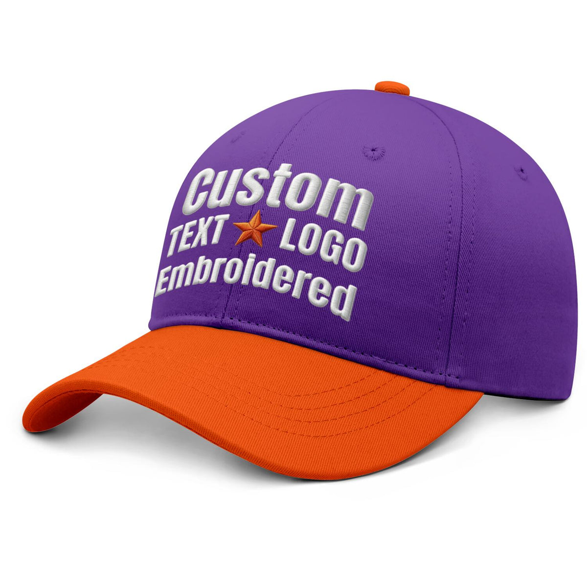 Custom Embroidered or Printed Purple & Orange Color Block Baseball Cap | Personalized Sport Hat