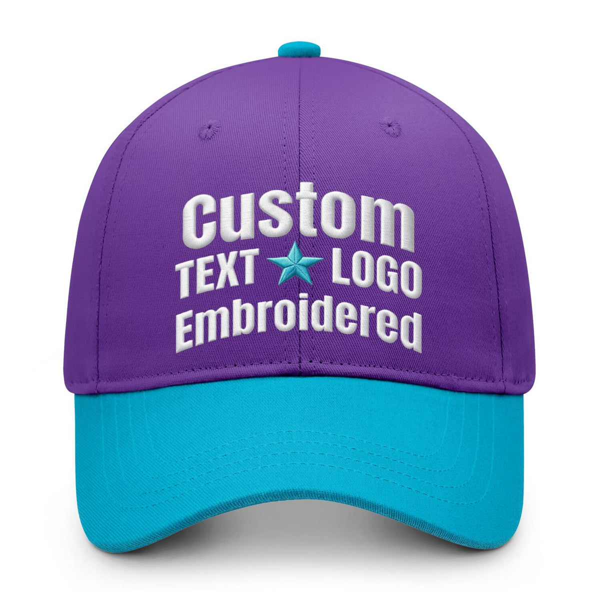 Custom embroidered or printed purple &amp; turquoise color block baseball cap by Vosoli | Personalized text &amp; logo | Structured fit