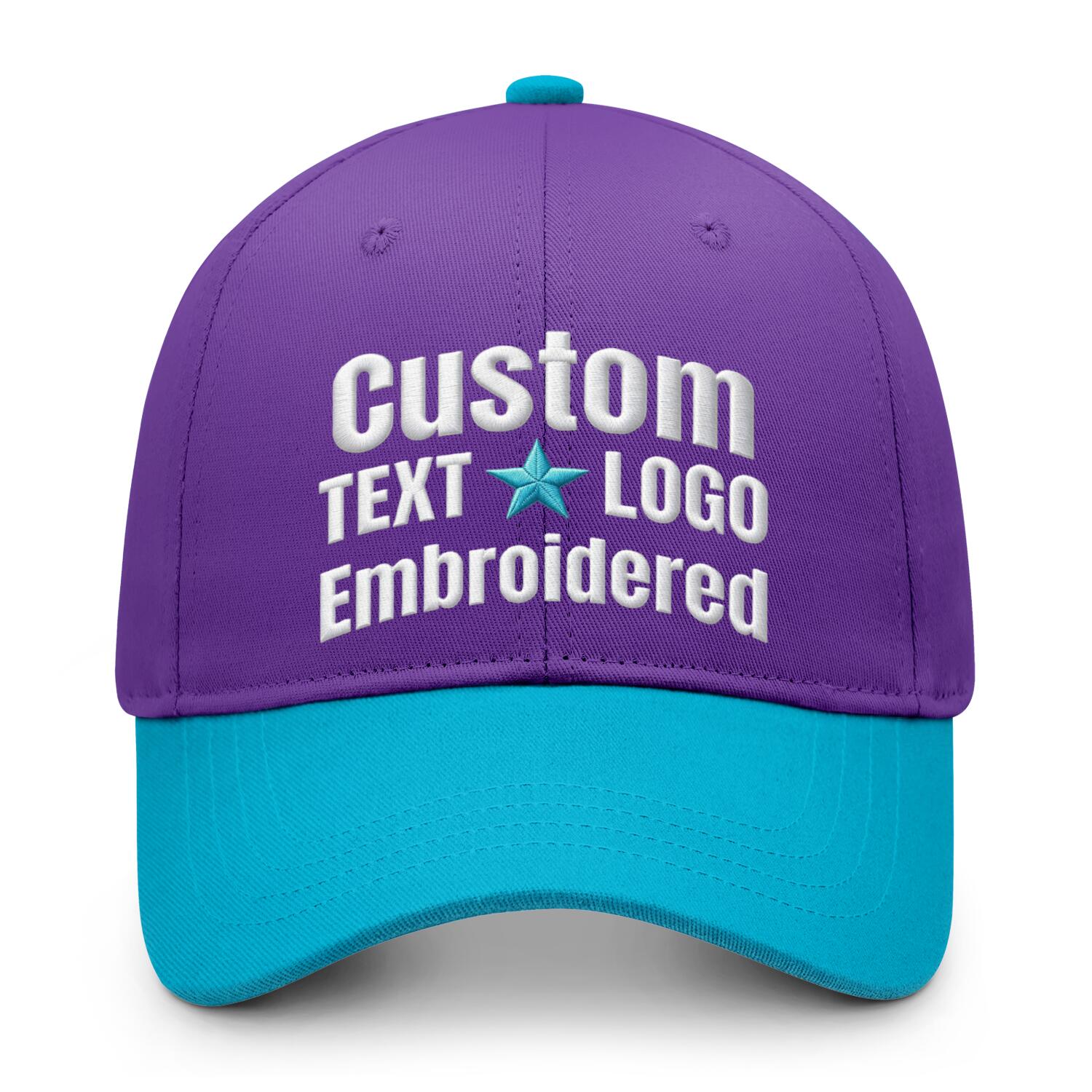 Custom embroidered or printed purple & turquoise color block baseball cap by Vosoli | Personalized text & logo | Structured fit