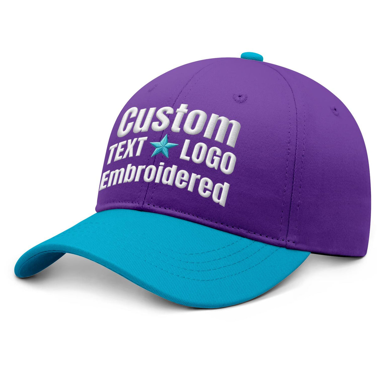 Custom Embroidered or Printed Purple & Turquoise Color Block Baseball Cap | Personalized Sport Hat