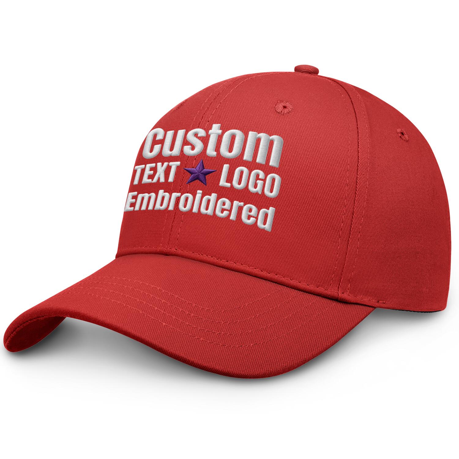 Custom embroidered or printed red baseball cap by Vosoli | Personalized text & logo | Structured fit