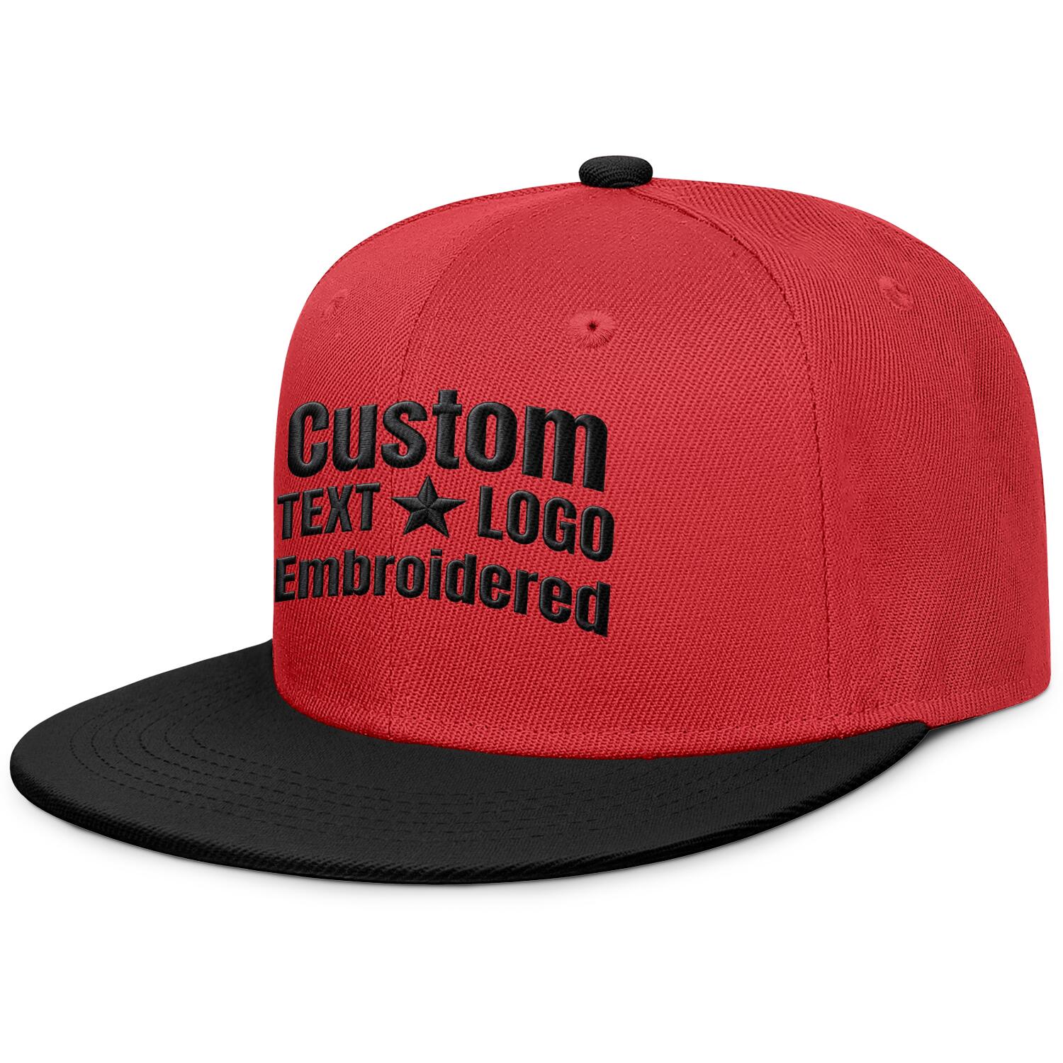 Custom embroidered or printed red & black color-block flat-brim cap by Vosoli | Personalized text & logo | Structured fit