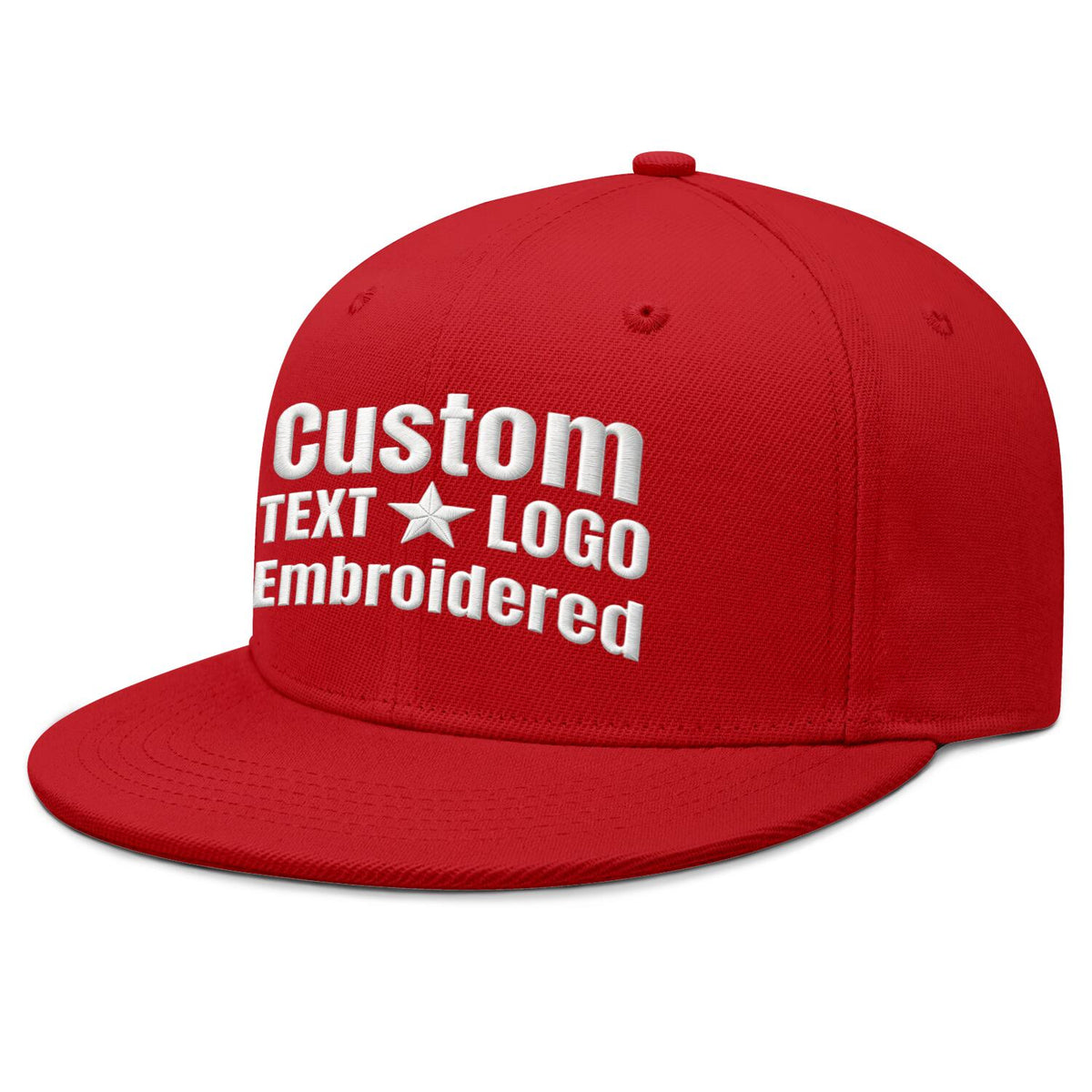 Custom embroidered or printed red flat-brim cap by Vosoli | Personalized text &amp; logo