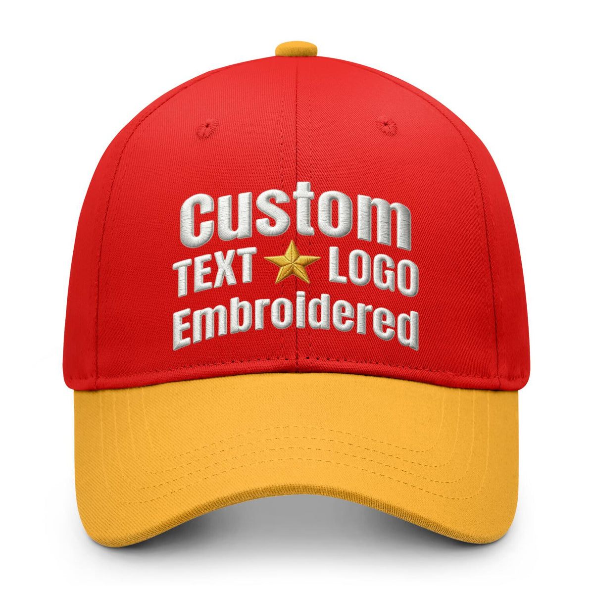 Custom embroidered or printed red &amp; gold color block baseball cap by Vosoli | Personalized text &amp; logo | Structured fit