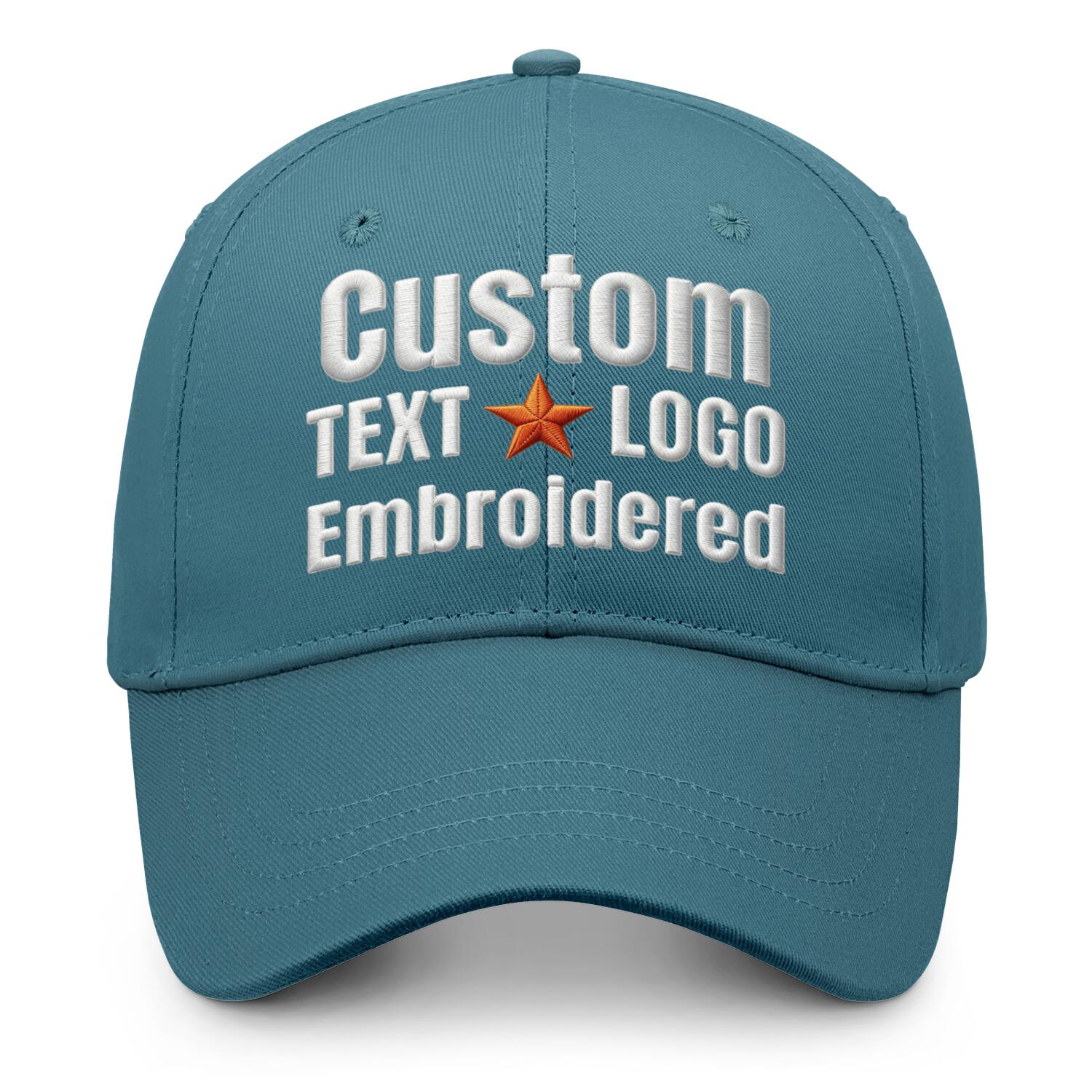 Custom embroidered or printed teal baseball cap by Vosoli | Personalized text & logo | Structured fit
