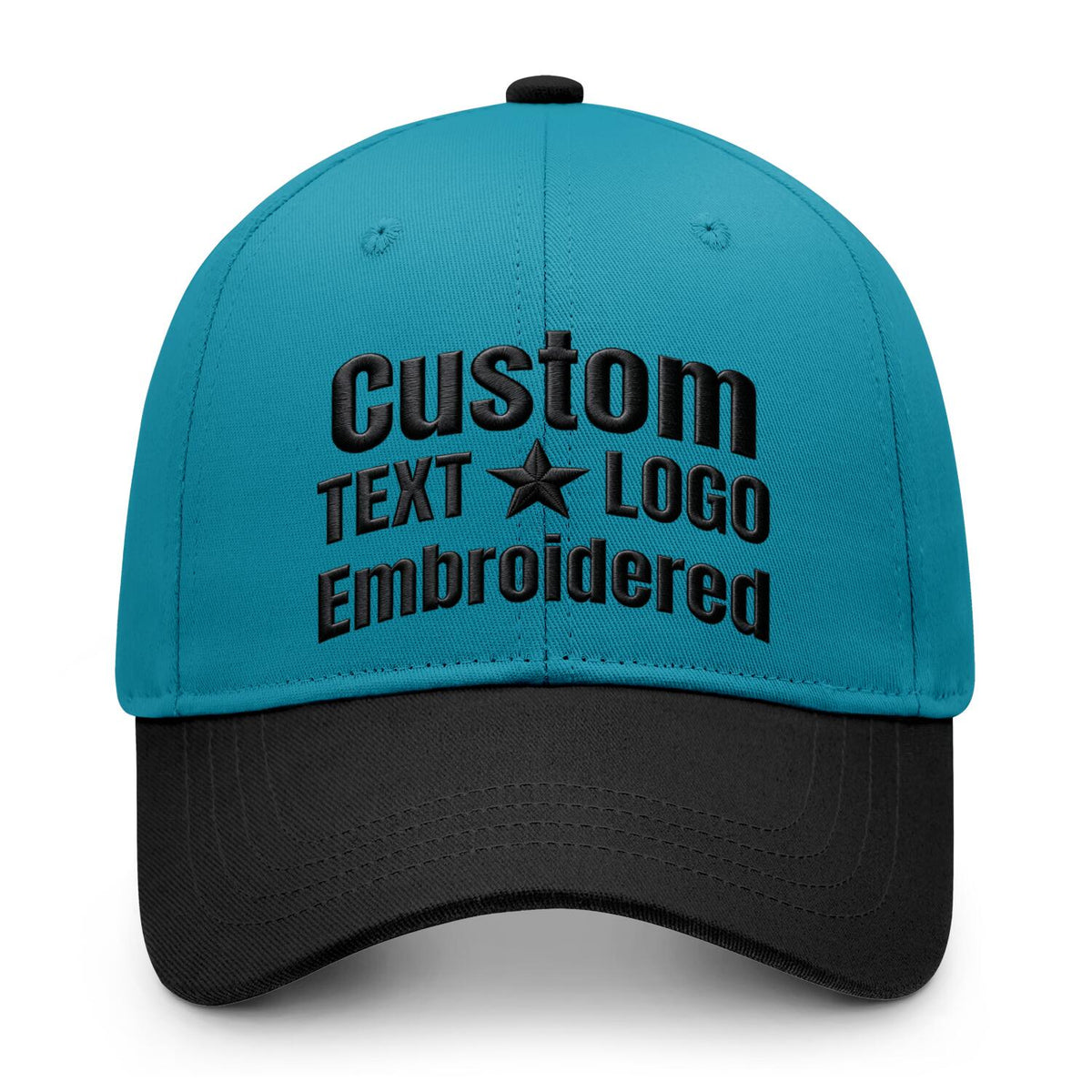 Custom embroidered or printed teal &amp; black two-tone baseball cap by Vosoli | Personalized text &amp; logo | Structured fit