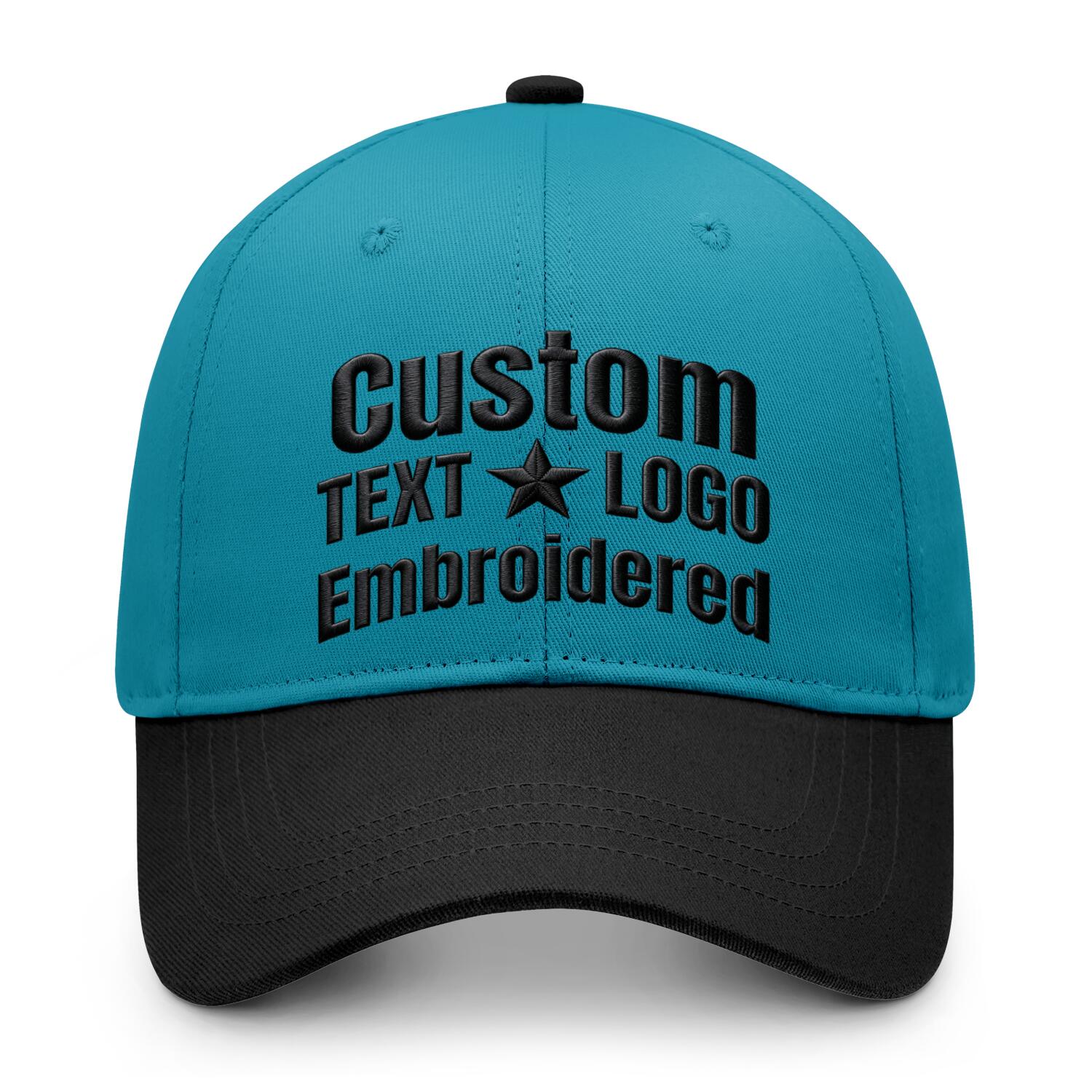 Custom embroidered or printed teal & black two-tone baseball cap by Vosoli | Personalized text & logo | Structured fit