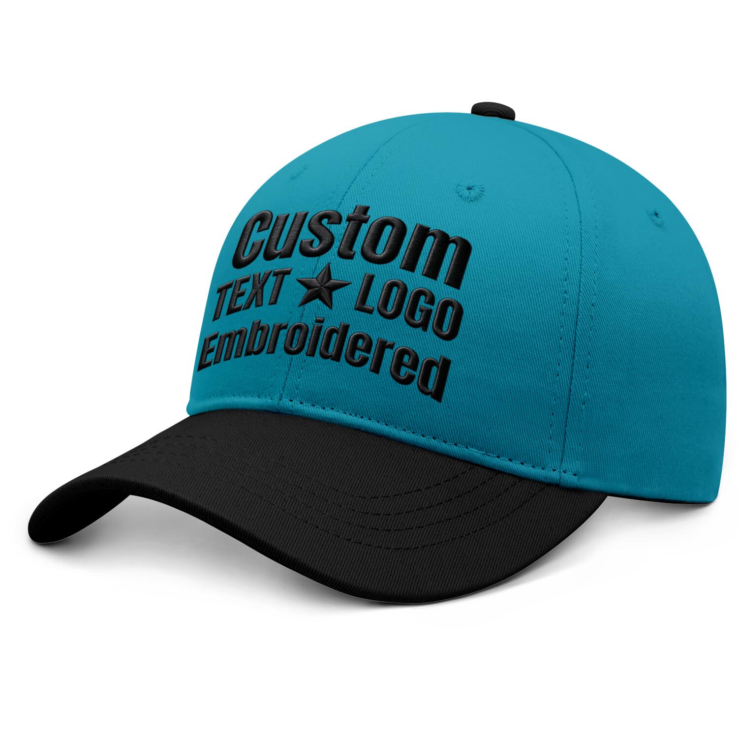 Custom embroidered or printed teal & black two-tone baseball cap by Vosoli | Personalized text & logo | Structured fit