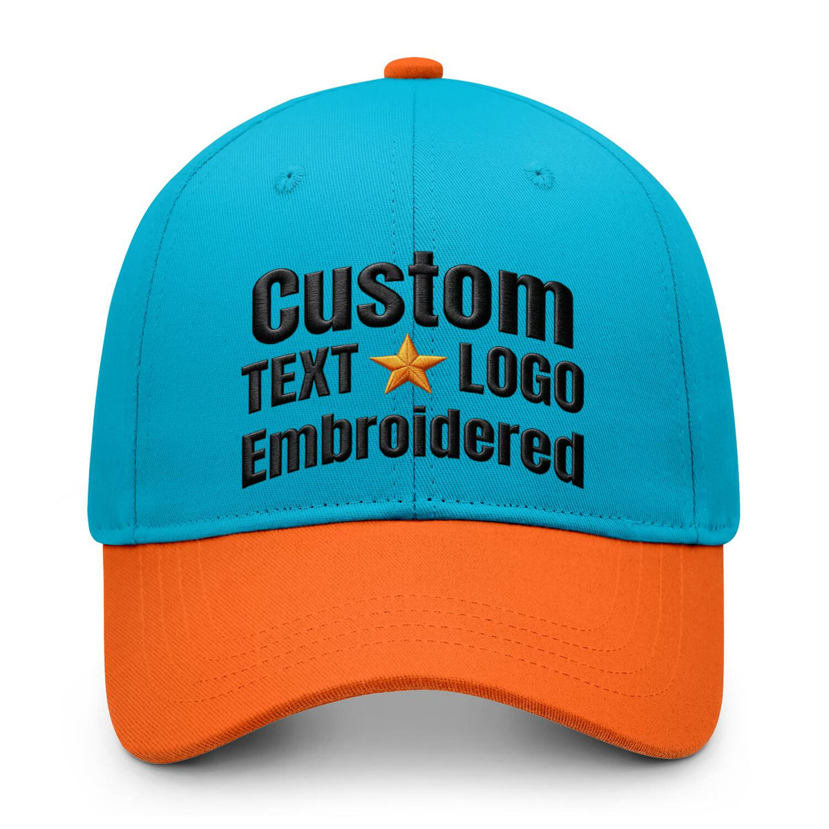 Custom embroidered or printed teal &amp; orange color block baseball cap by Vosoli | Personalized text &amp; logo | Structured fit