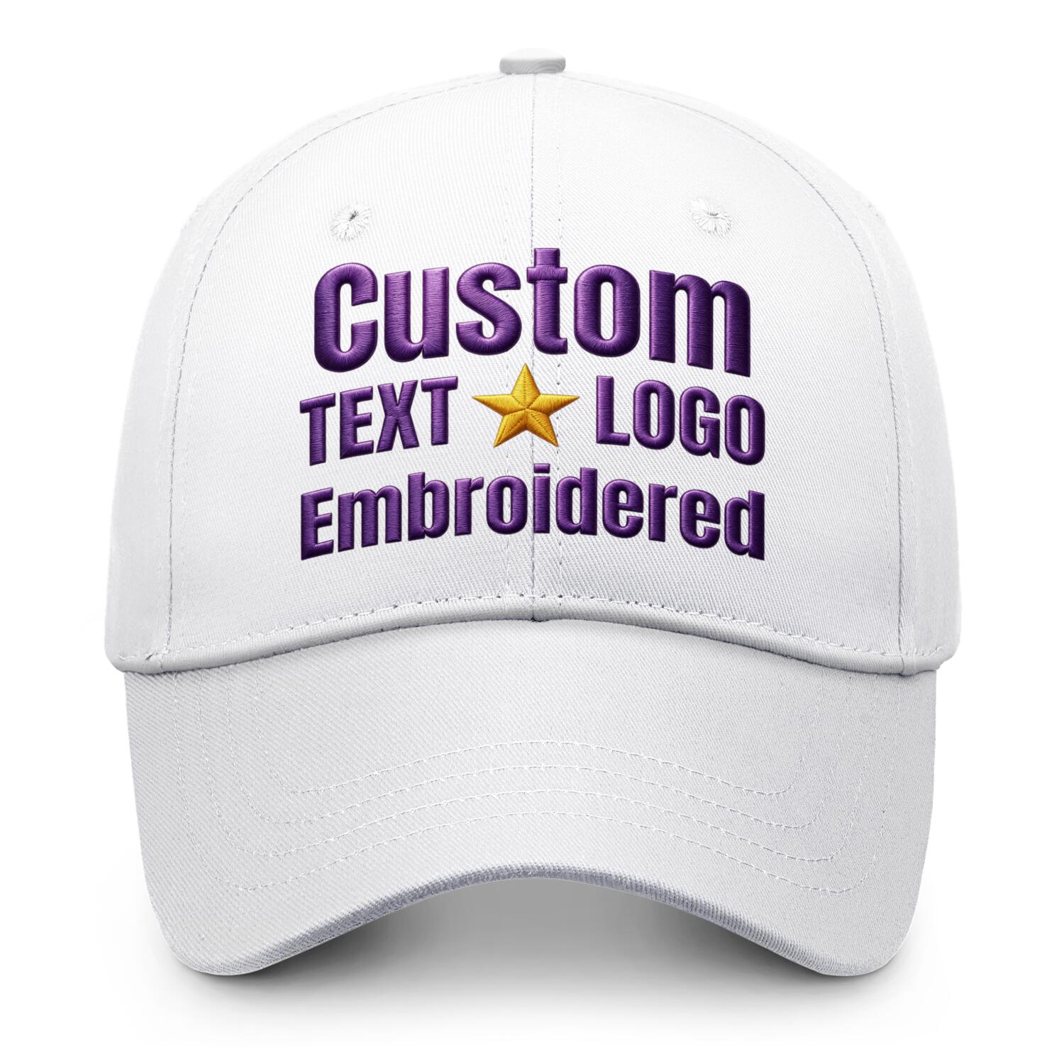 Custom embroidered or printed white baseball cap by Vosoli | Personalized text & logo | Structured fit