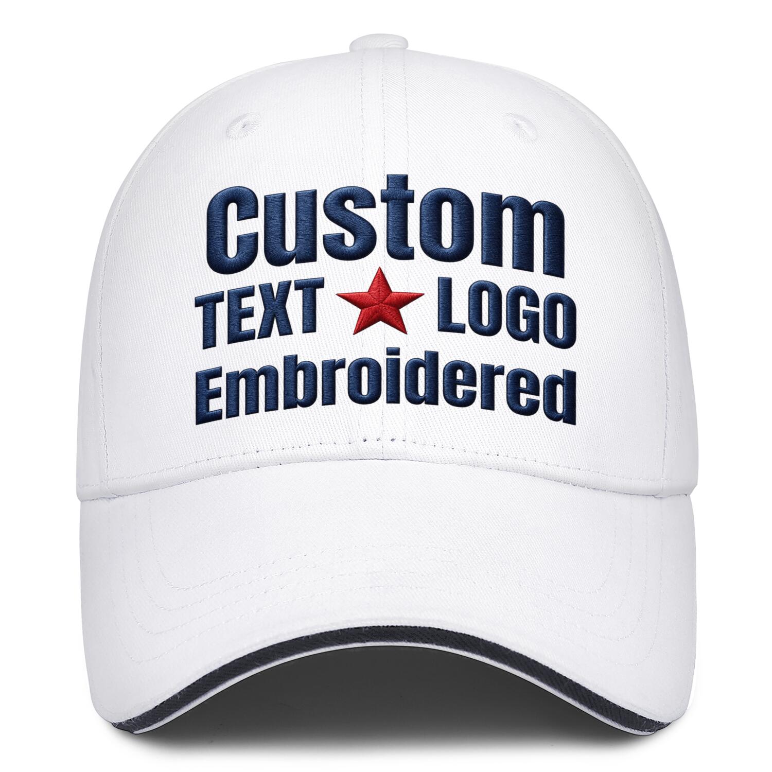 Custom embroidered or printed white baseball cap by Vosoli | Personalized text & logo | Structured fit