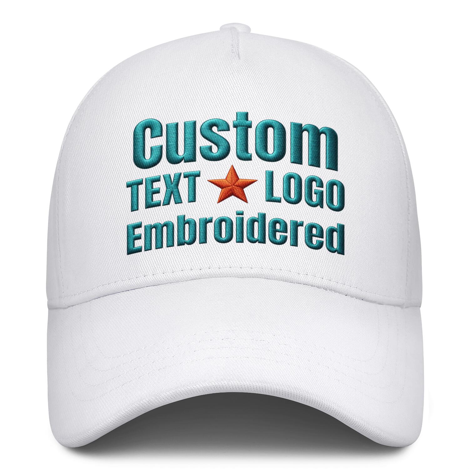 Custom embroidered or printed white baseball cap by Vosoli | Personalized text & logo | Structured fit