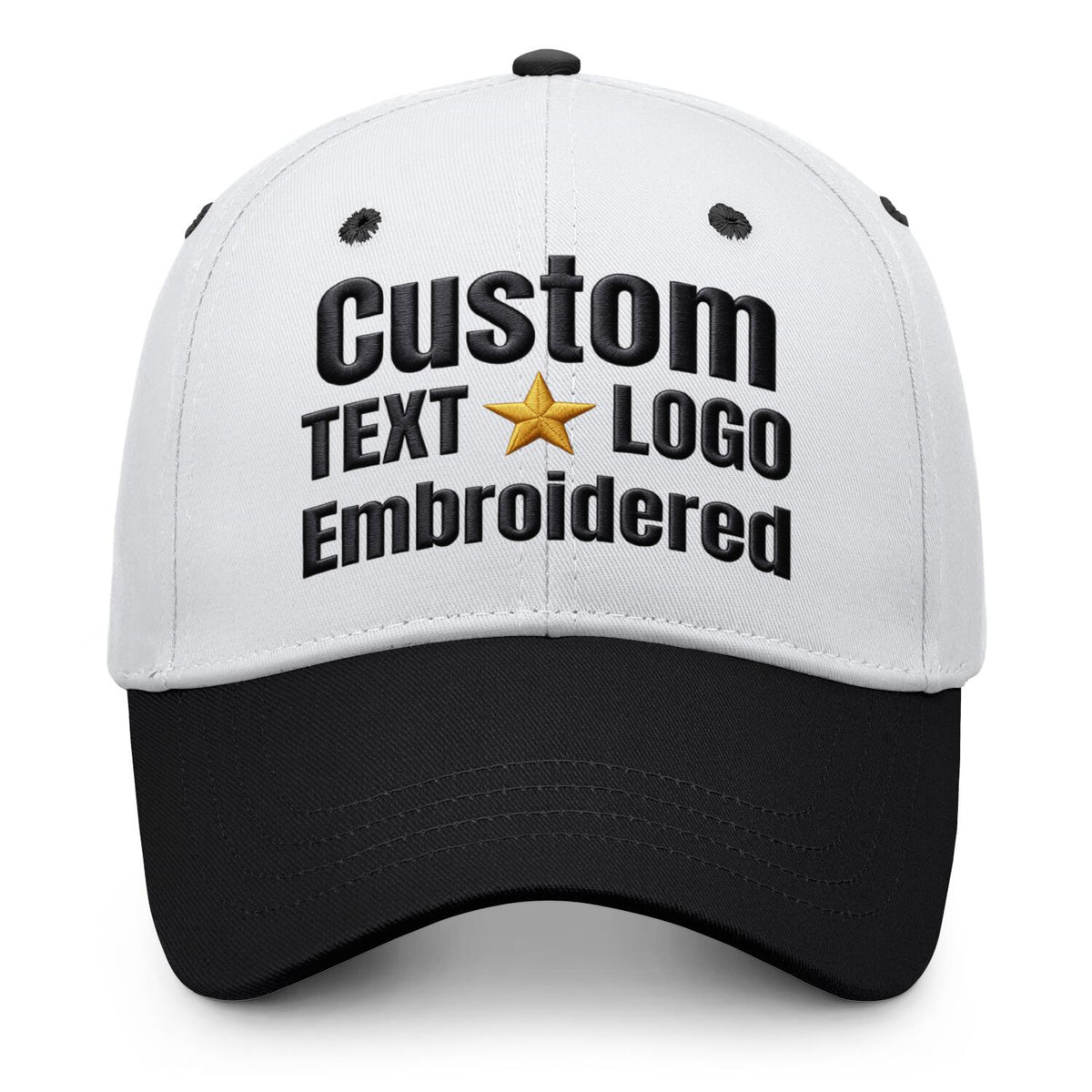 Custom embroidered or printed white &amp; black color block baseball cap by Vosoli | Personalized text &amp; logo | Structured fit