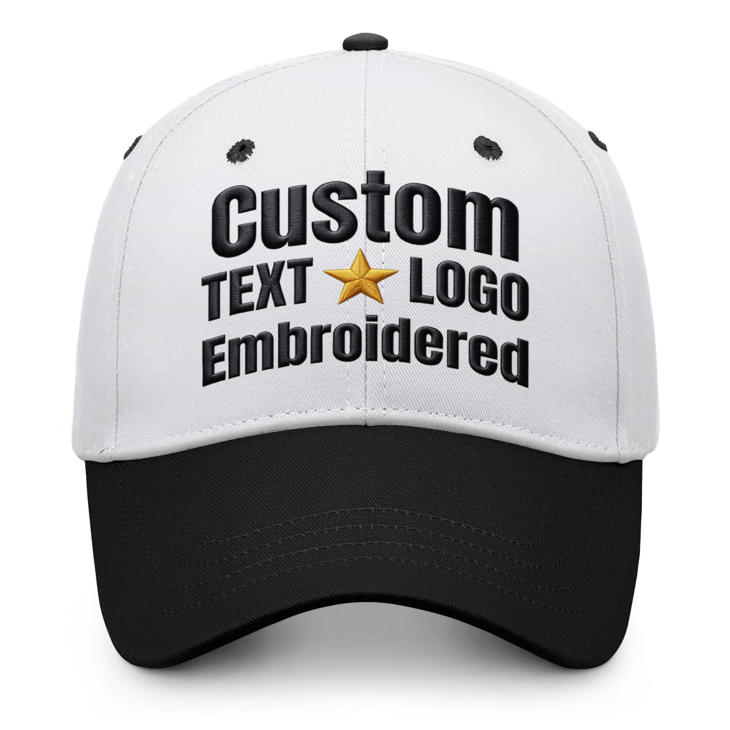 Custom embroidered or printed white & black color block baseball cap by Vosoli | Personalized text & logo | Structured fit