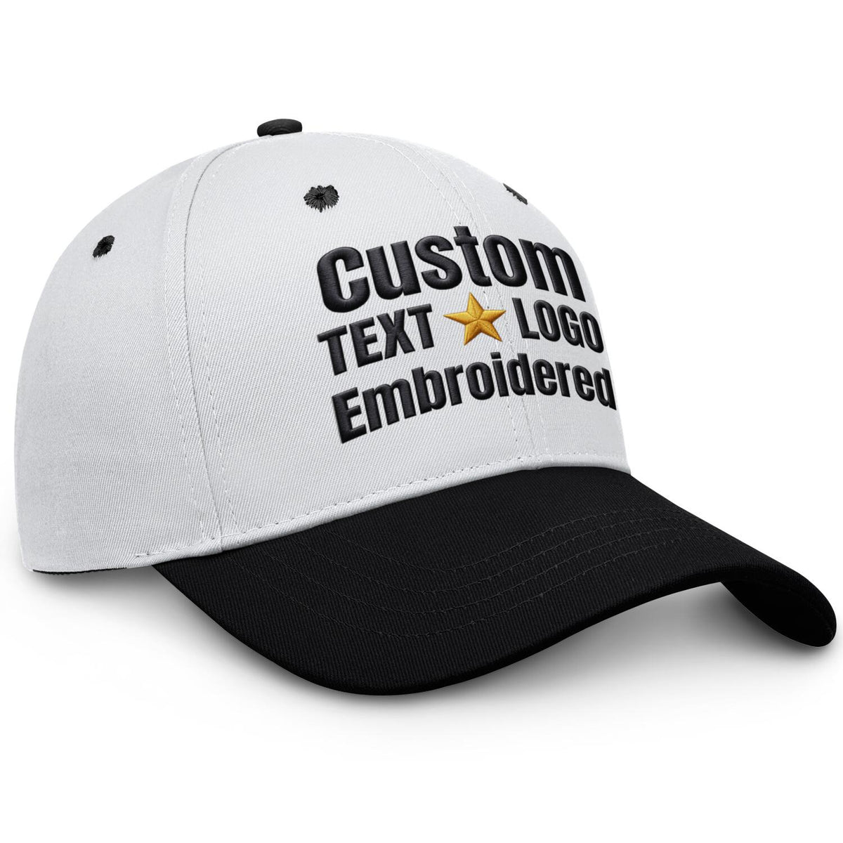 Custom Embroidered or Printed White & Black Color Block Baseball Cap | Personalized Sport Hat