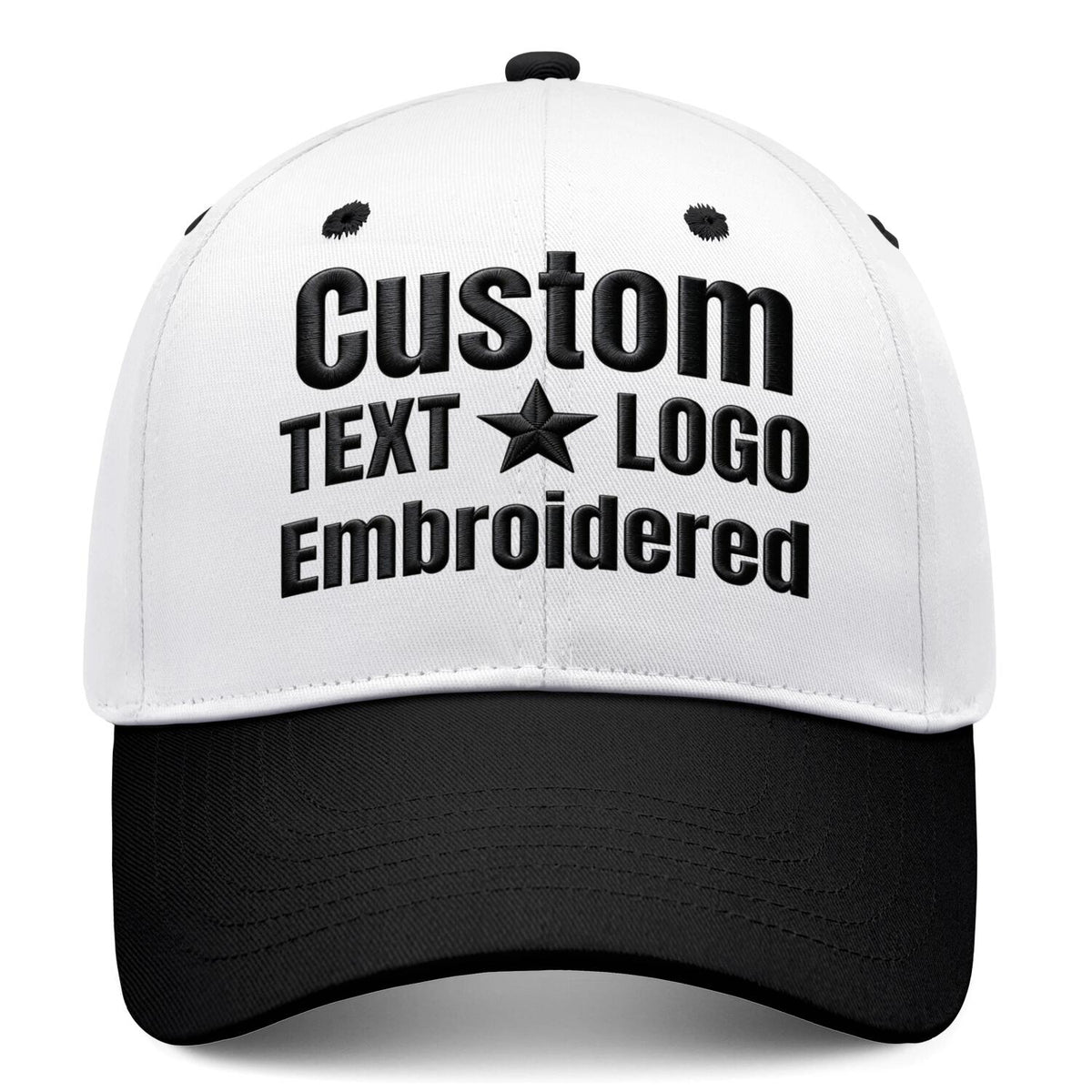 Custom Embroidered or Printed White & Black Deep Brim Baseball Cap | Personalized Sport Hat