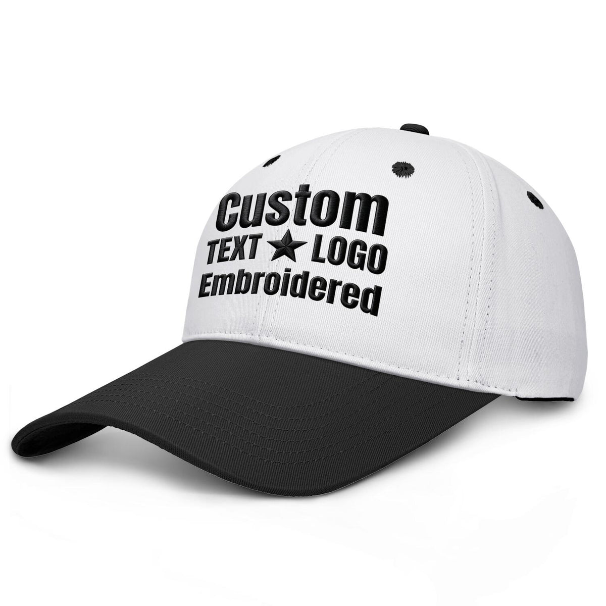 Custom embroidered or printed white &amp; black deep brim baseball cap by Vosoli | Personalized text &amp; logo | Structured fit