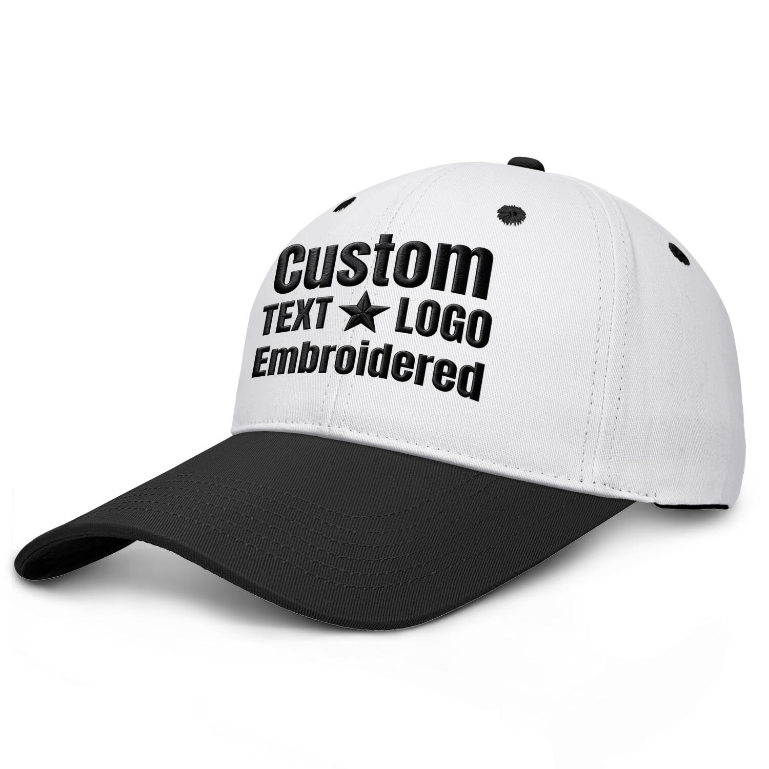 Custom embroidered or printed white & black deep brim baseball cap by Vosoli | Personalized text & logo | Structured fit