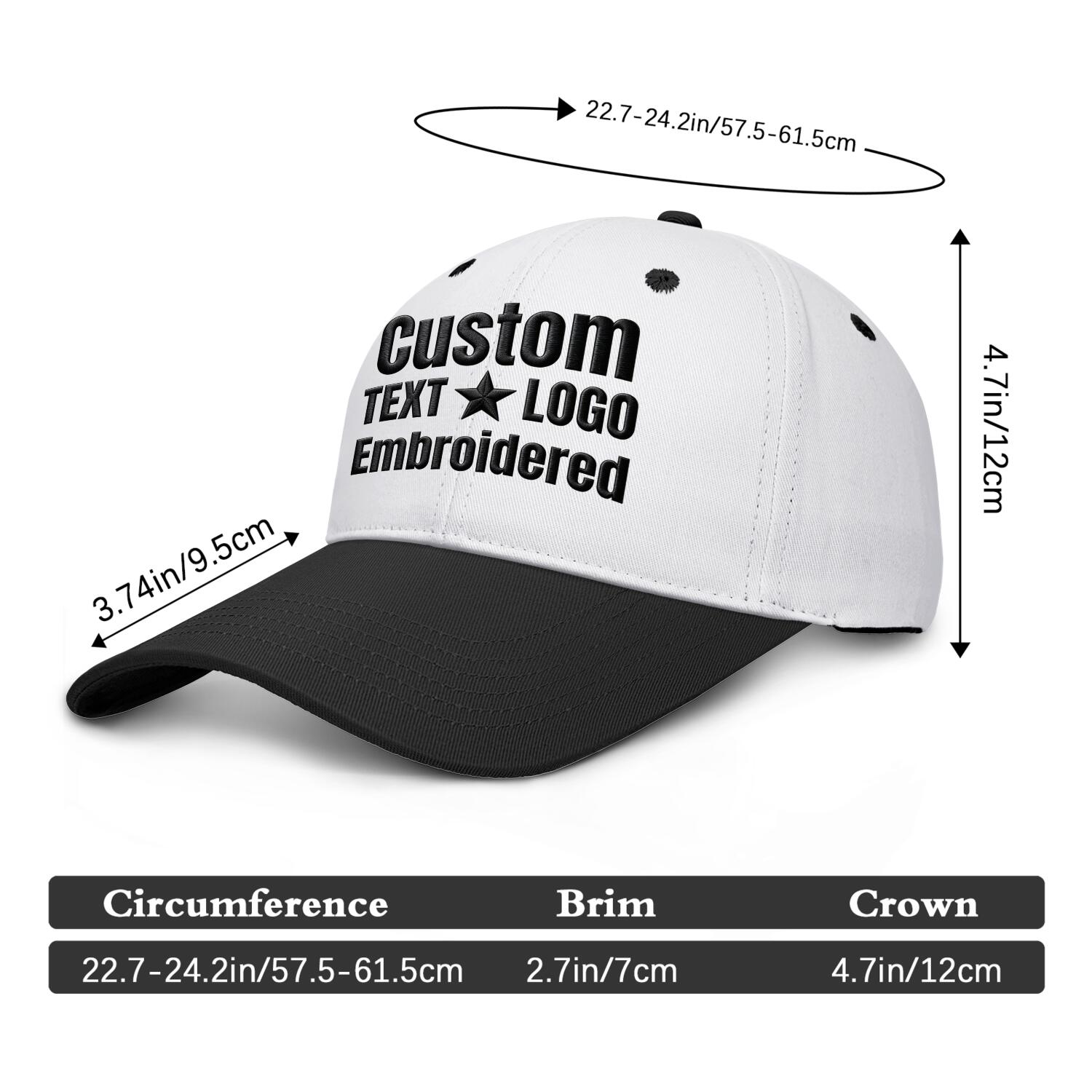 Custom Embroidered or Printed White & Black Deep Brim Baseball Cap | Personalized Sport Hat