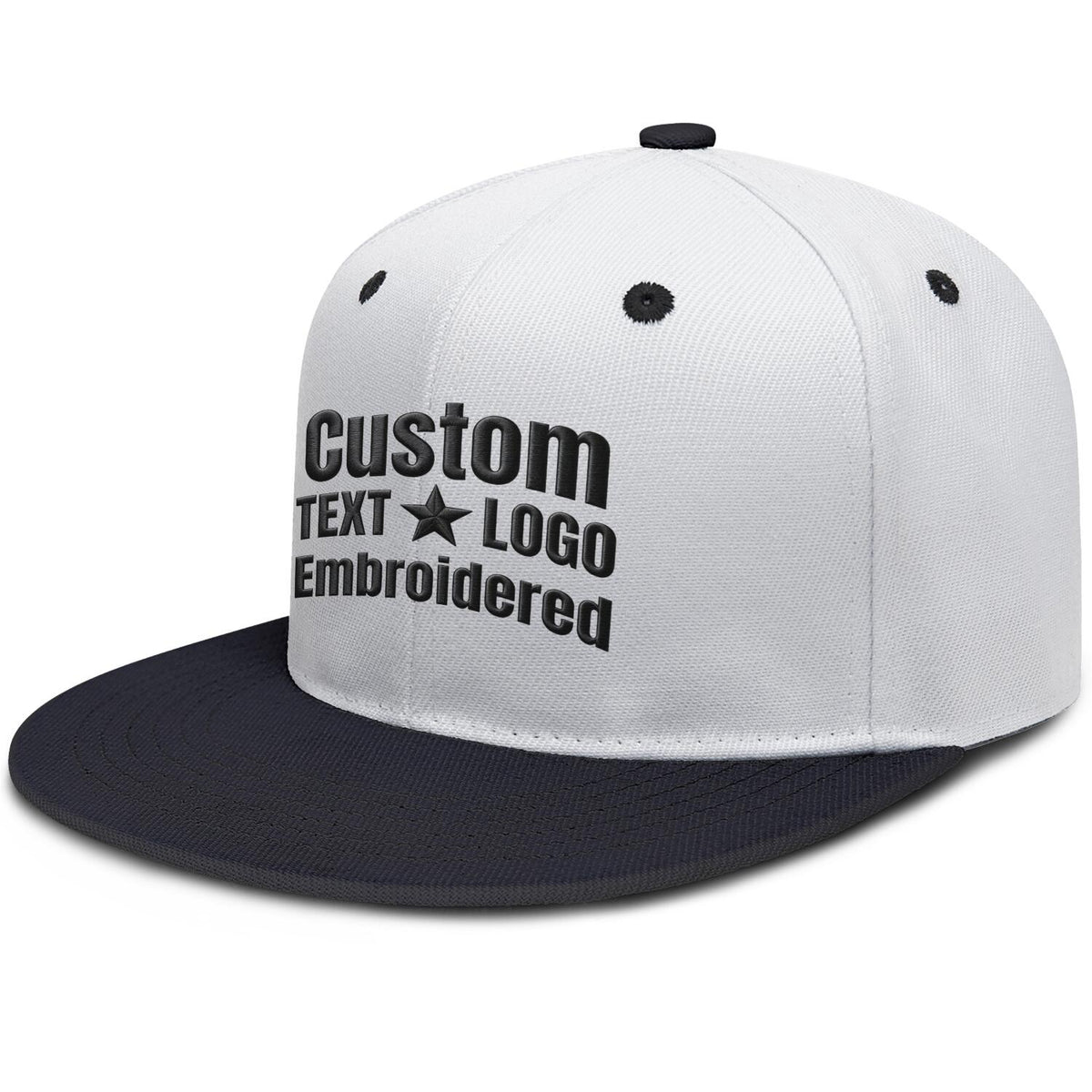 Custom embroidered or printed white &amp; black color-block flat-brim cap by Vosoli | Personalized text &amp; logo | Structured fit