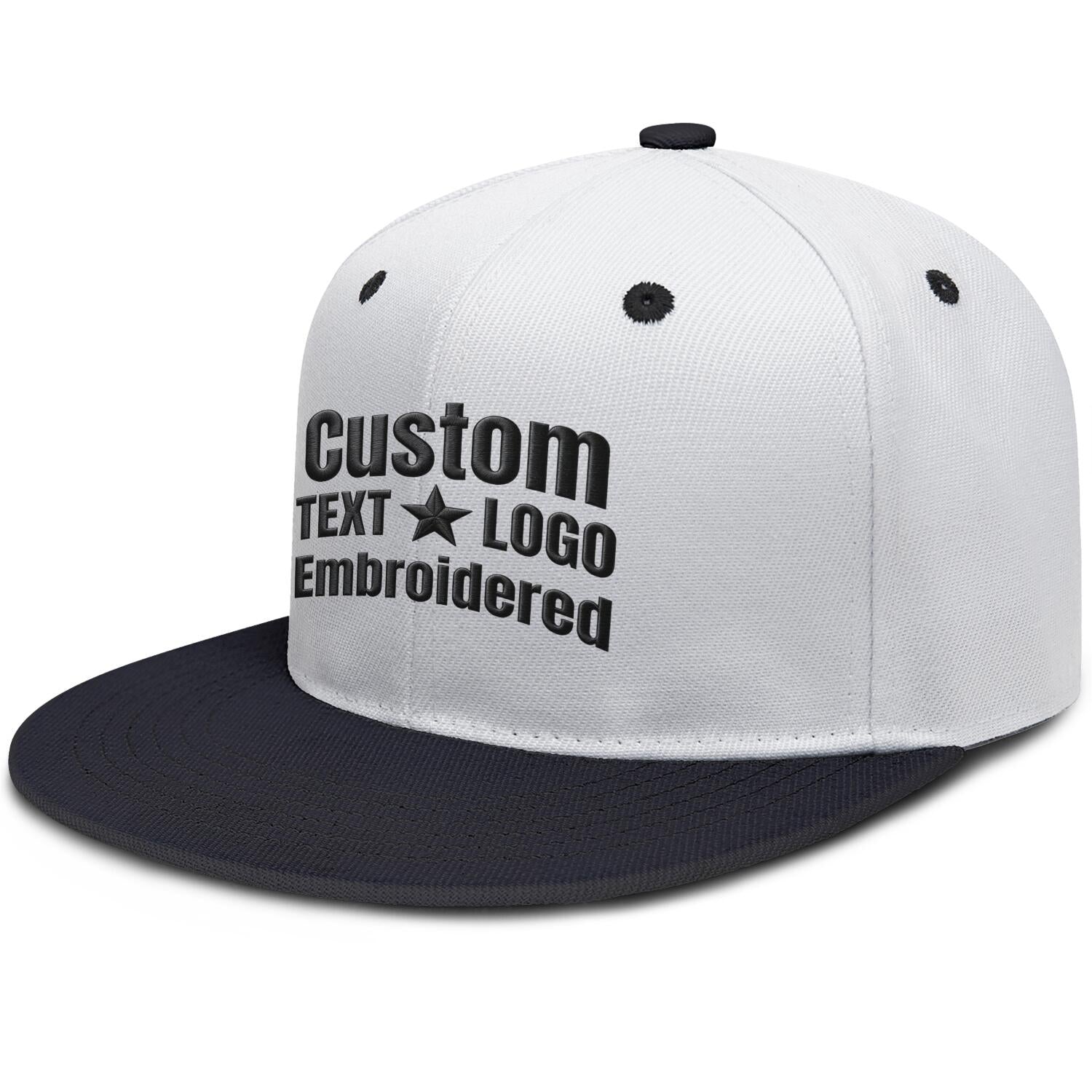 Custom embroidered or printed white & black color-block flat-brim cap by Vosoli | Personalized text & logo | Structured fit