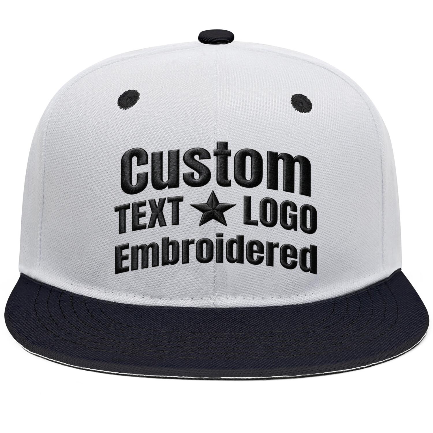 Custom embroidered or printed white & black color-block flat-brim cap by Vosoli | Personalized text & logo | Structured fit