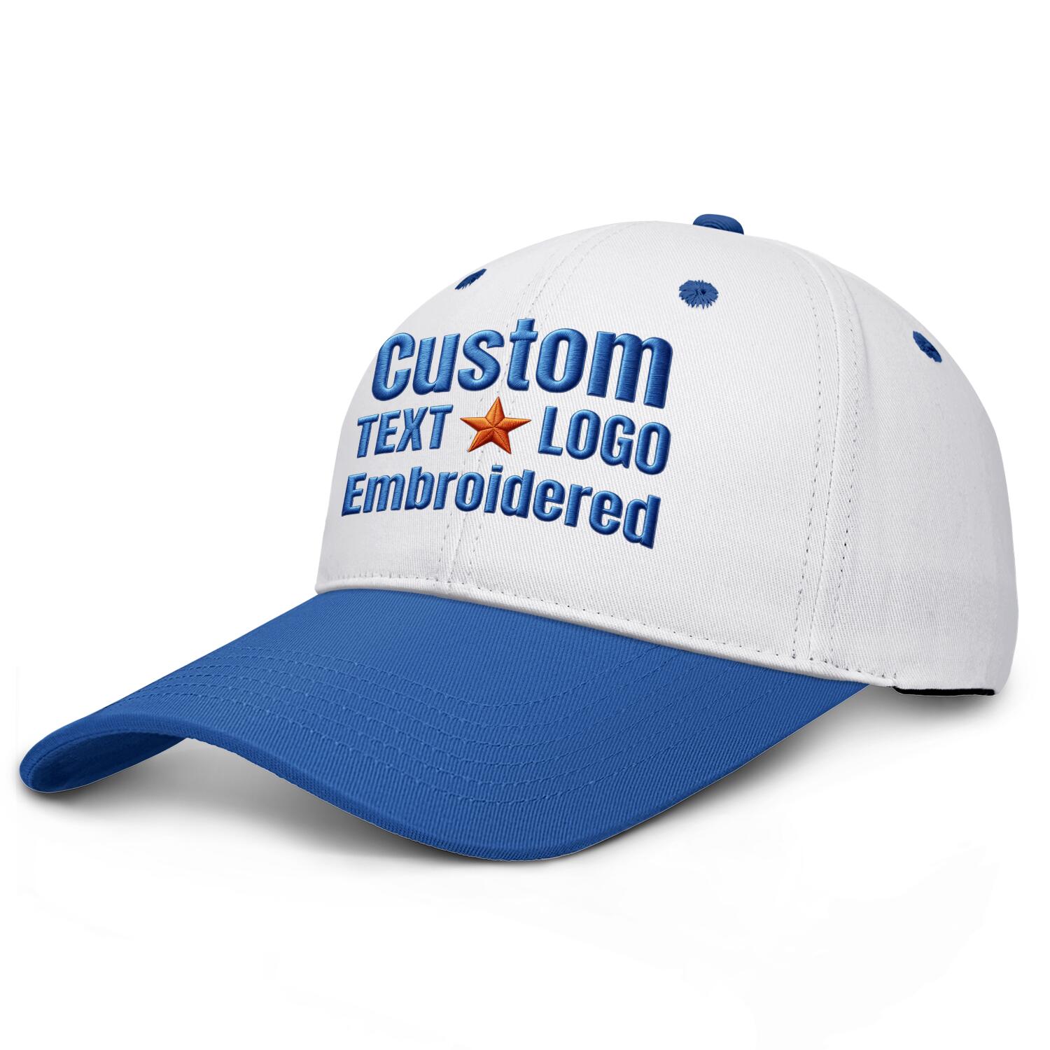 Custom embroidered or printed white & blue deep brim baseball cap by Vosoli | Personalized text & logo | Structured fit
