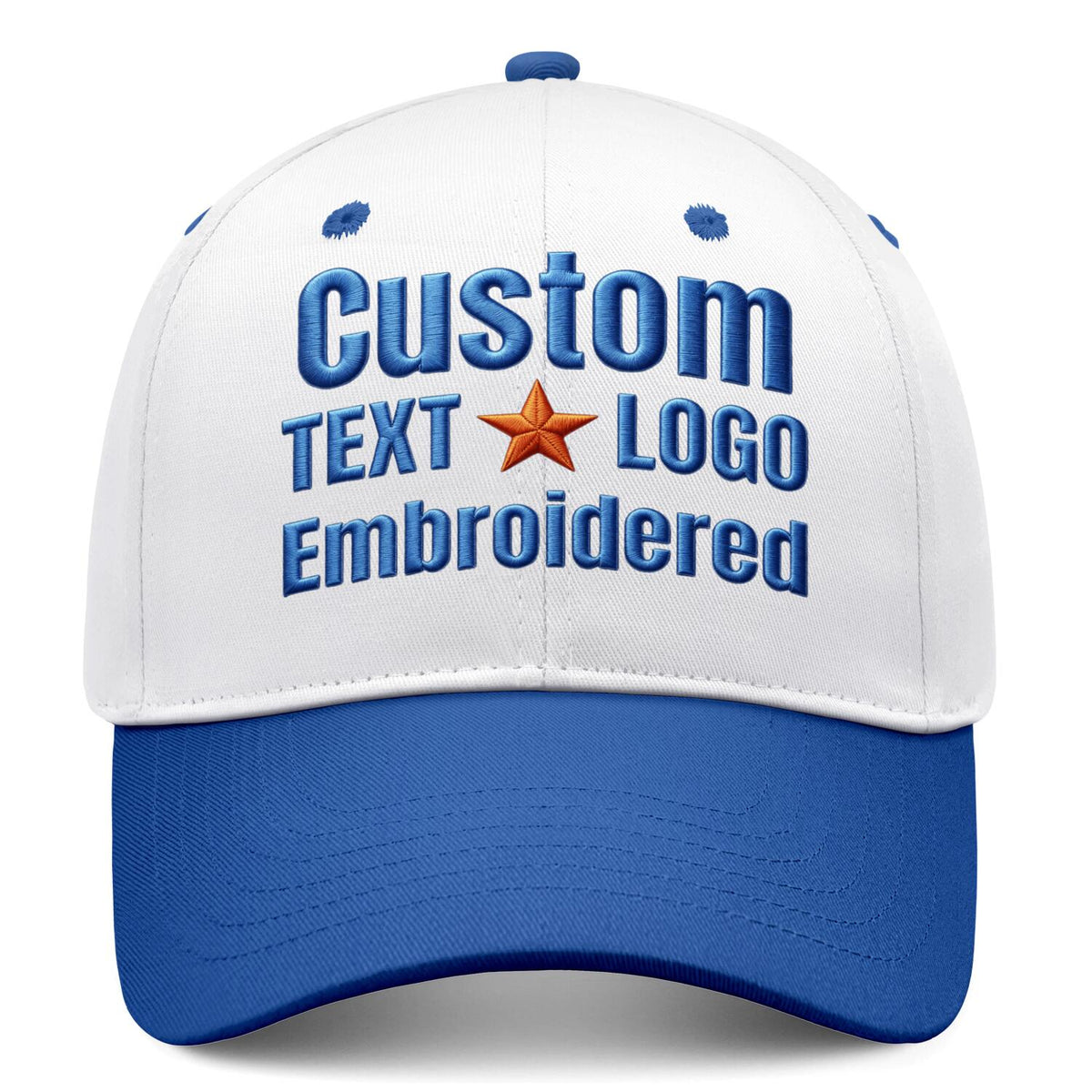 Custom Embroidered or Printed White & Blue Deep Brim Baseball Cap | Personalized Sport Hat