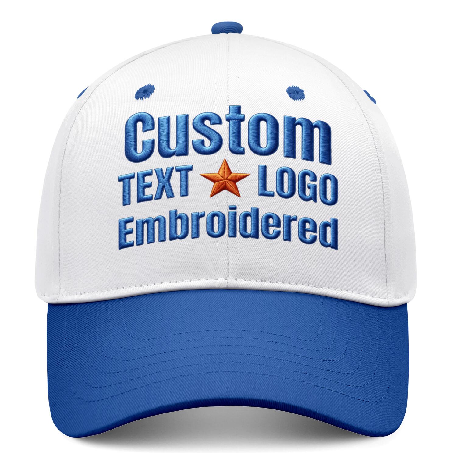 Custom embroidered or printed white & blue deep brim baseball cap by Vosoli | Personalized text & logo | Structured fit