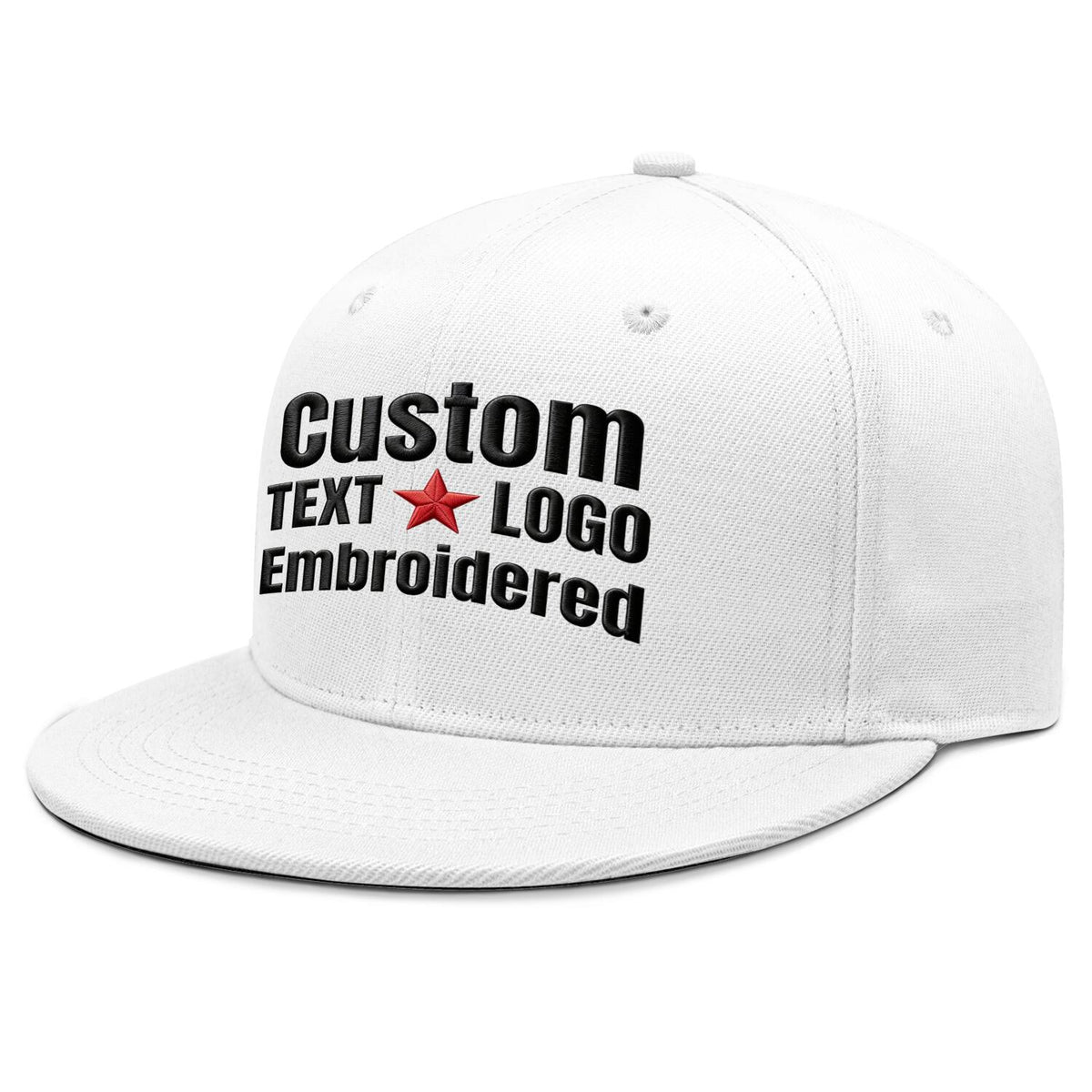 Custom embroidered or printed white flat-brim cap by Vosoli | Personalized text &amp; logo