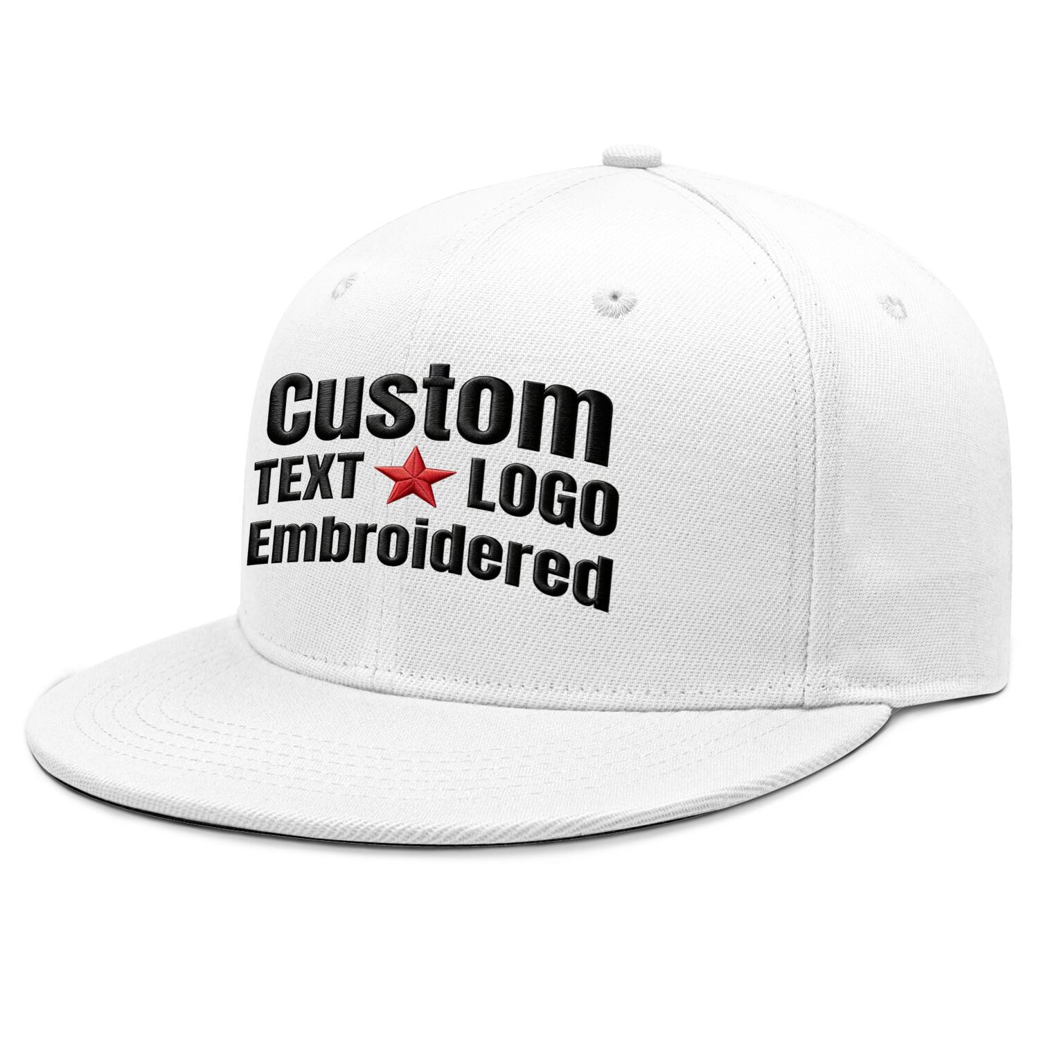 Custom embroidered or printed white flat-brim cap by Vosoli | Personalized text & logo
