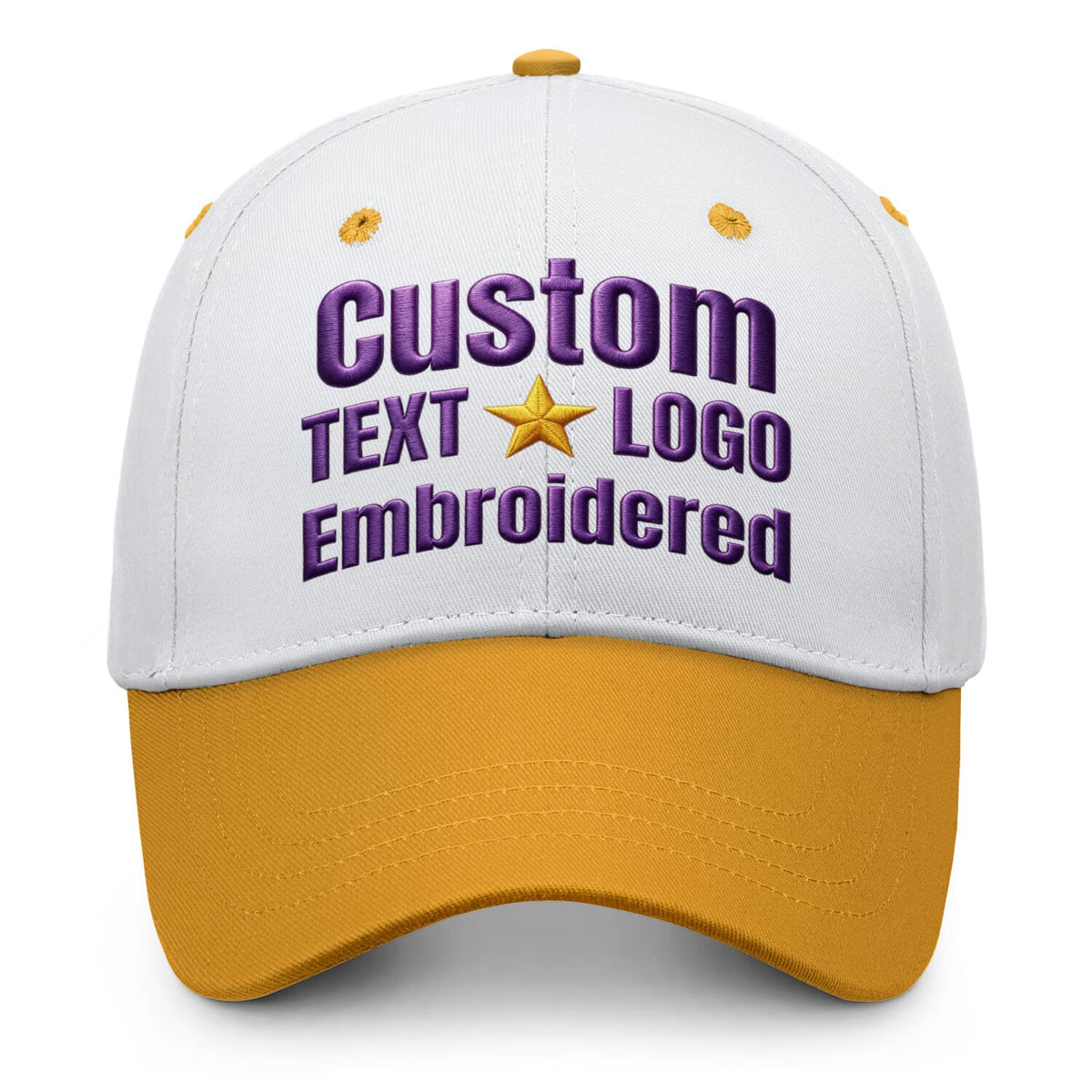 Custom embroidered or printed white &amp; gold color block baseball cap by Vosoli | Personalized text &amp; logo | Structured fit
