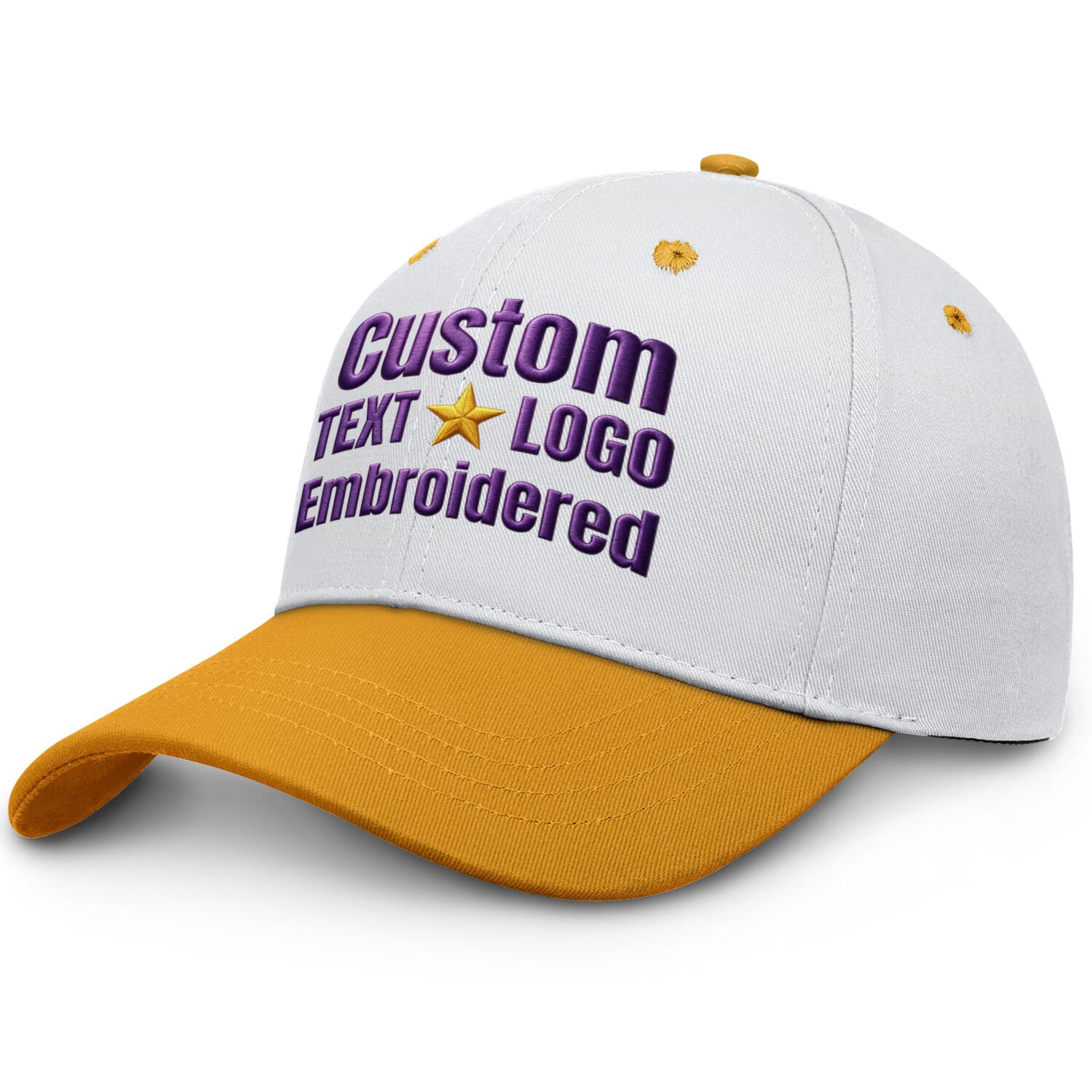Custom embroidered or printed white & gold color block baseball cap by Vosoli | Personalized text & logo | Structured fit