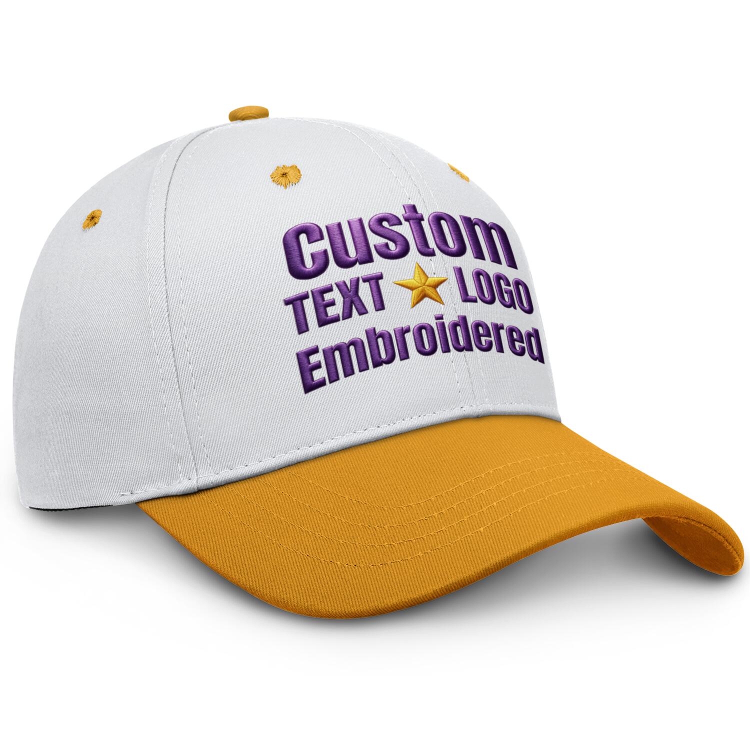 Custom Embroidered or Printed White & Gold Color Block Baseball Cap | Personalized Sport Hat