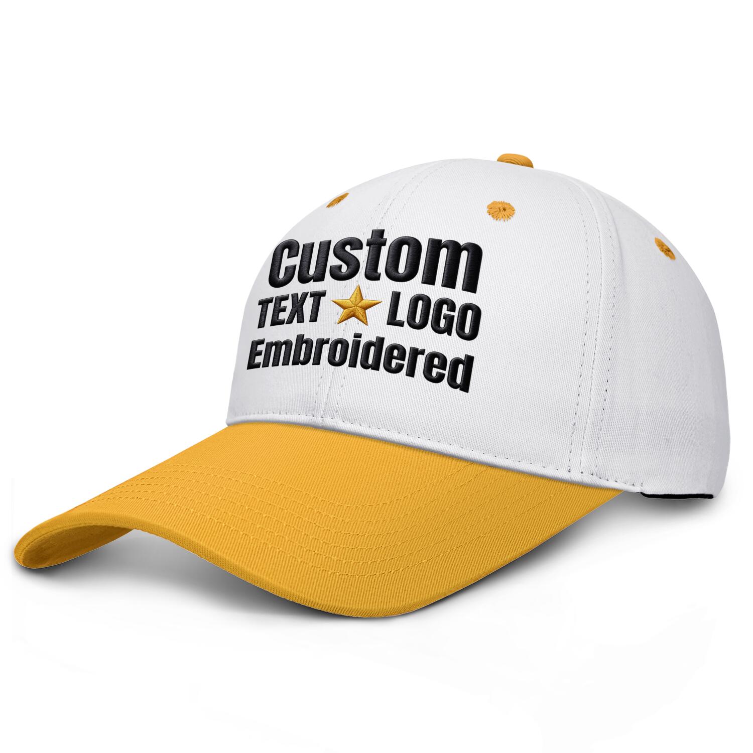 Custom embroidered or printed white & gold deep brim baseball cap by Vosoli | Personalized text & logo | Structured fit