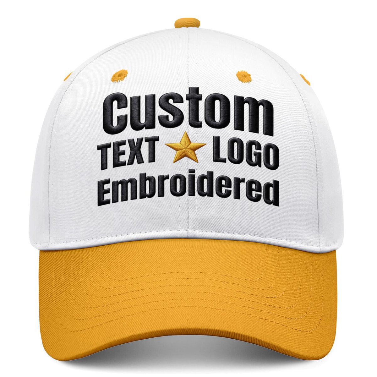 Custom Embroidered or Printed White & Gold Deep Brim Baseball Cap | Personalized Sport Hat