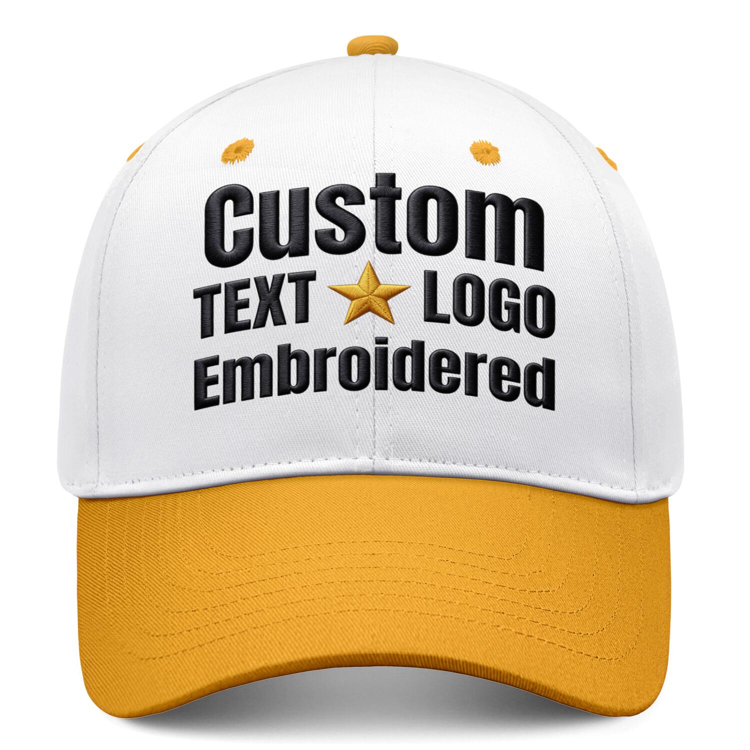 Custom embroidered or printed white & gold deep brim baseball cap by Vosoli | Personalized text & logo | Structured fit