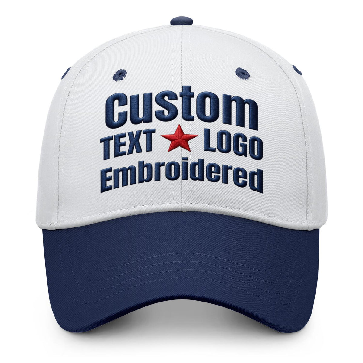 Custom embroidered or printed white &amp; navy blue color block baseball cap by Vosoli | Personalized text &amp; logo | Structured fit