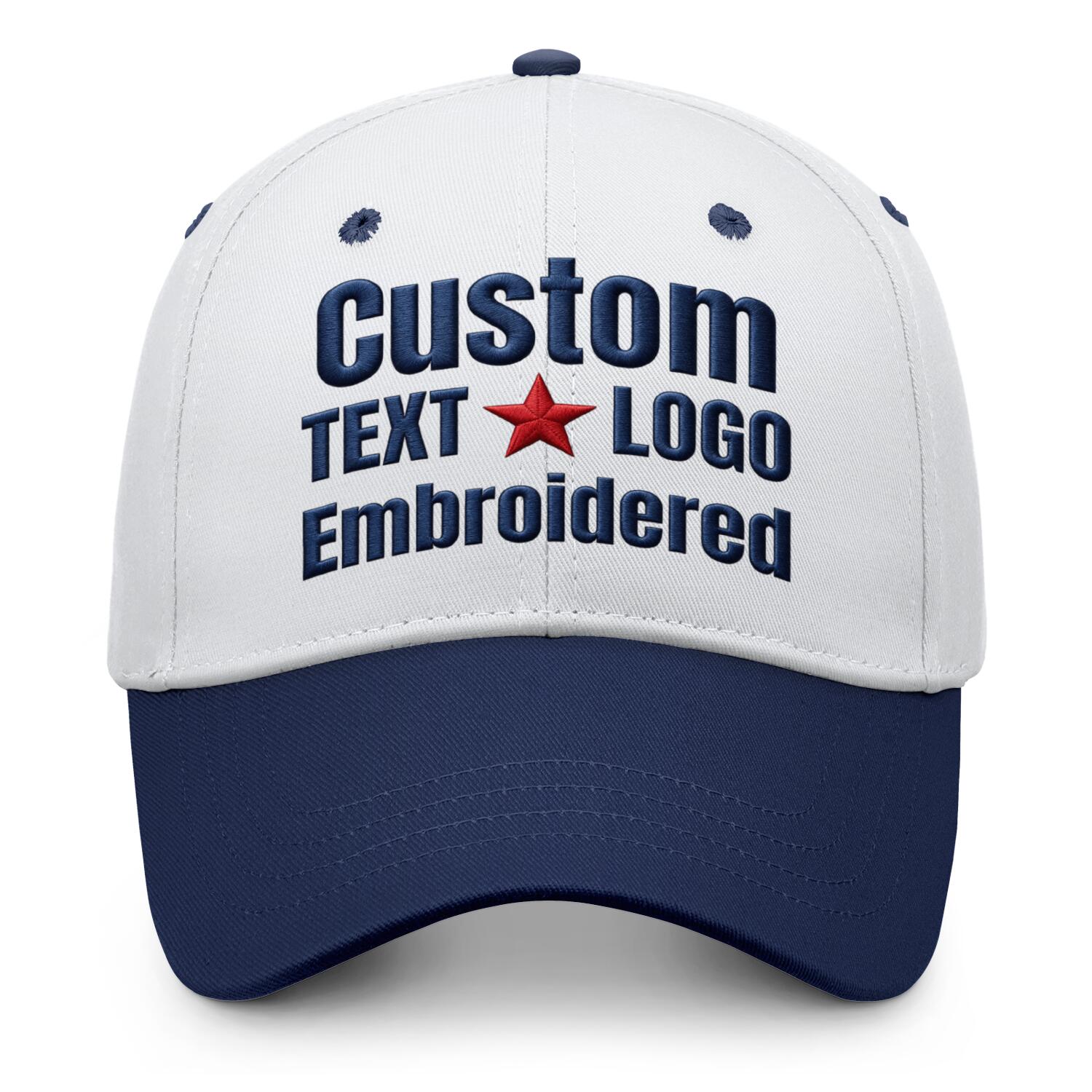 Custom embroidered or printed white & navy blue color block baseball cap by Vosoli | Personalized text & logo | Structured fit