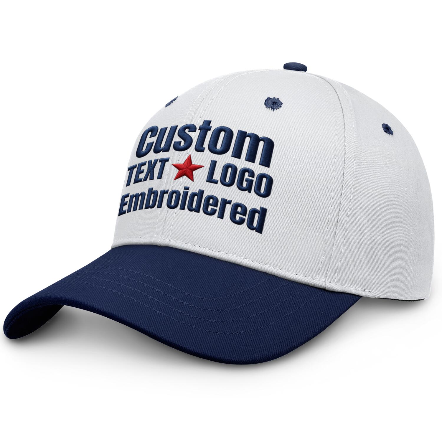 Custom embroidered or printed white & navy blue color block baseball cap by Vosoli | Personalized text & logo | Structured fit