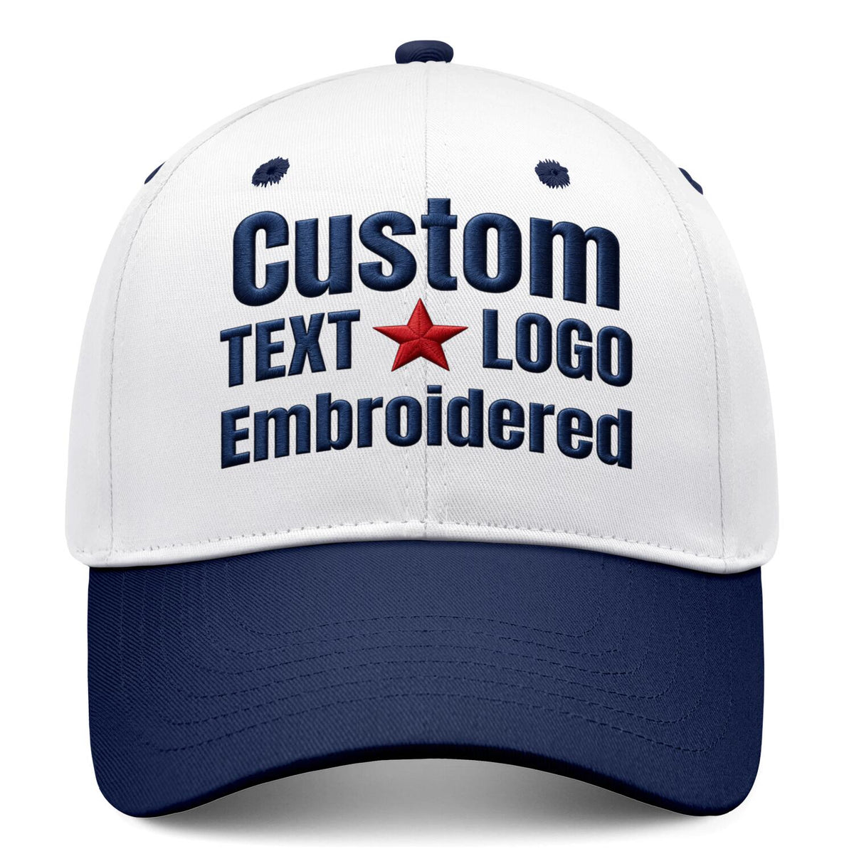 Custom Embroidered or Printed White & Navy Deep Brim Baseball Cap | Personalized Sport Hat