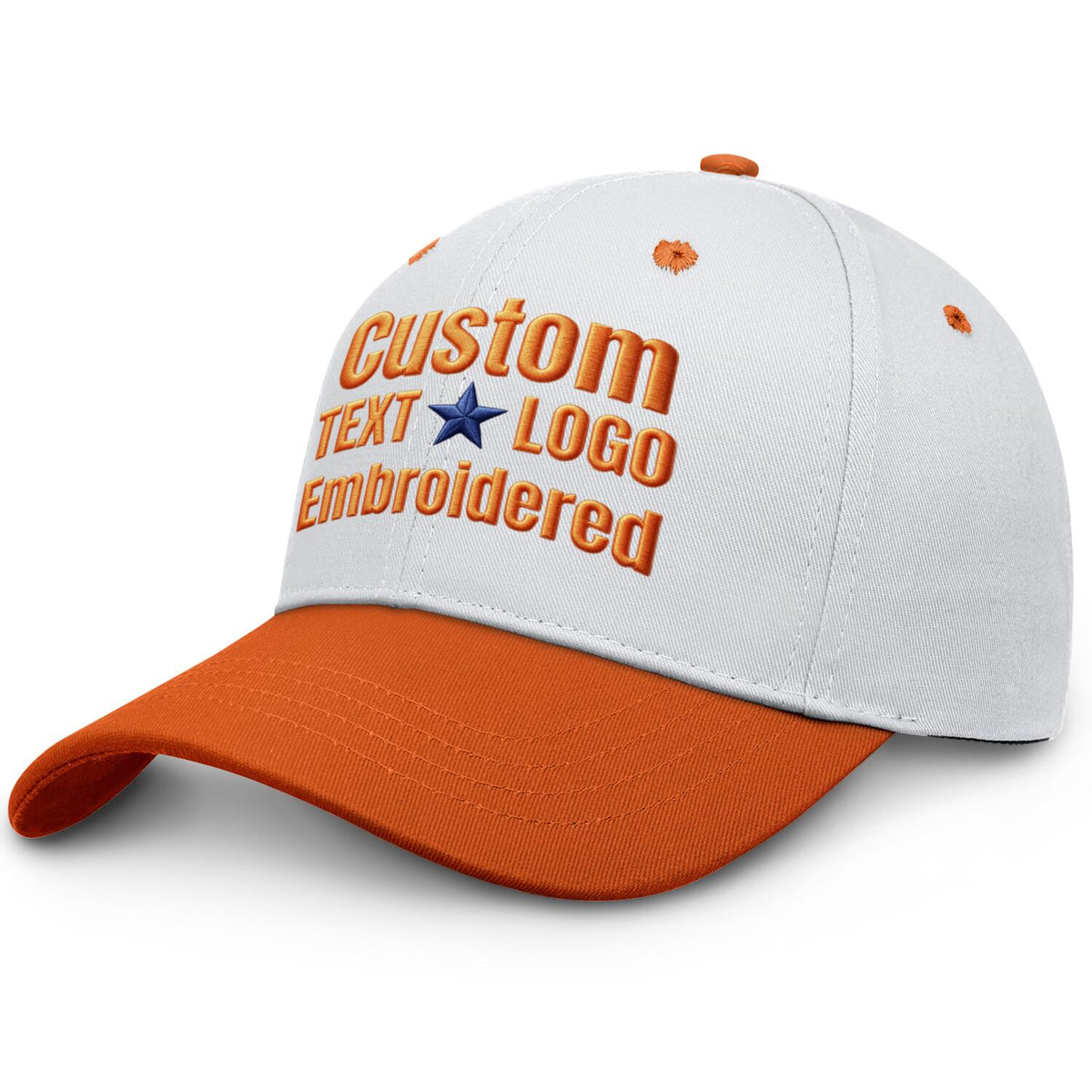 Custom Embroidered or Printed White & Orange Color Block Baseball Cap | Personalized Sport Hat